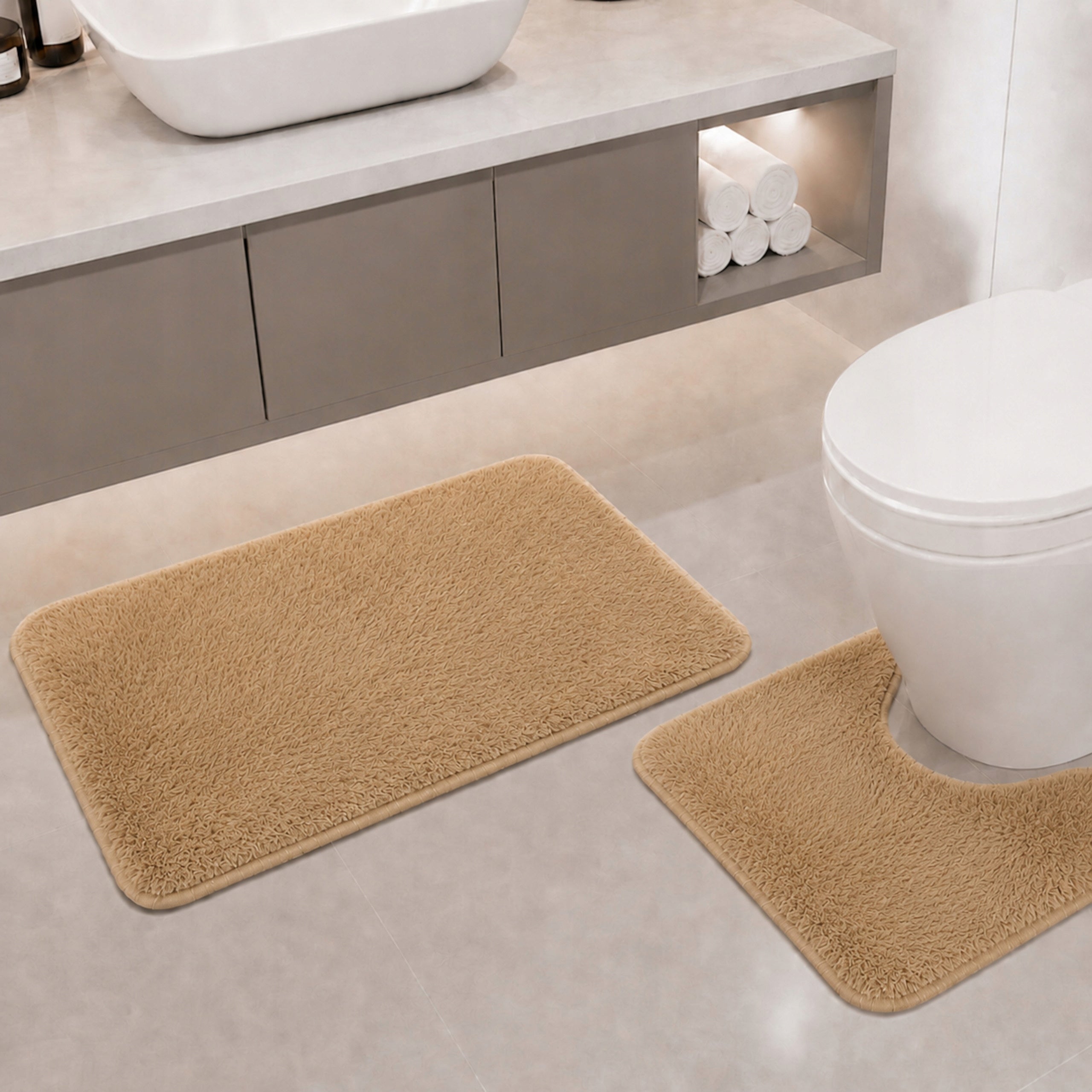 BATHROOM RUGS NON-SLIP SET 2 PIECE BEIGE QUICK DRYING Brand Decorator Home
