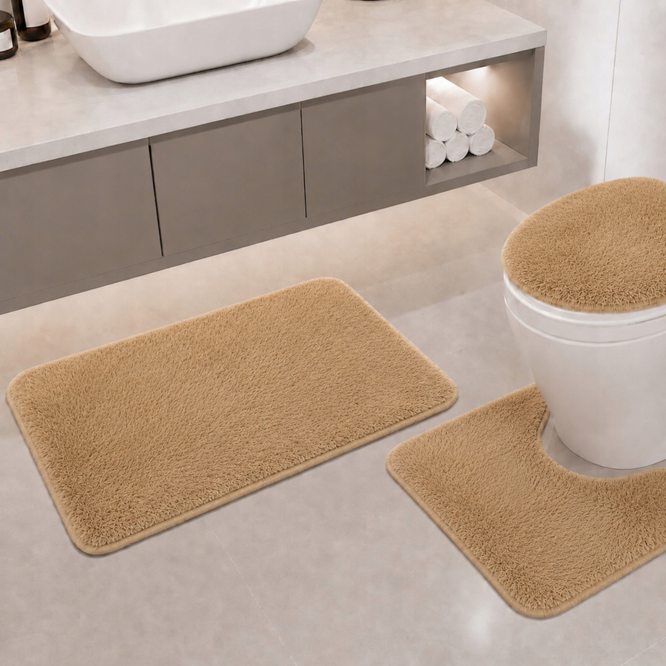 BATHROOM RUGS NON-SLIP SET 3 PIECE BEIGE QUICK-DRYING Brand Decorator Home