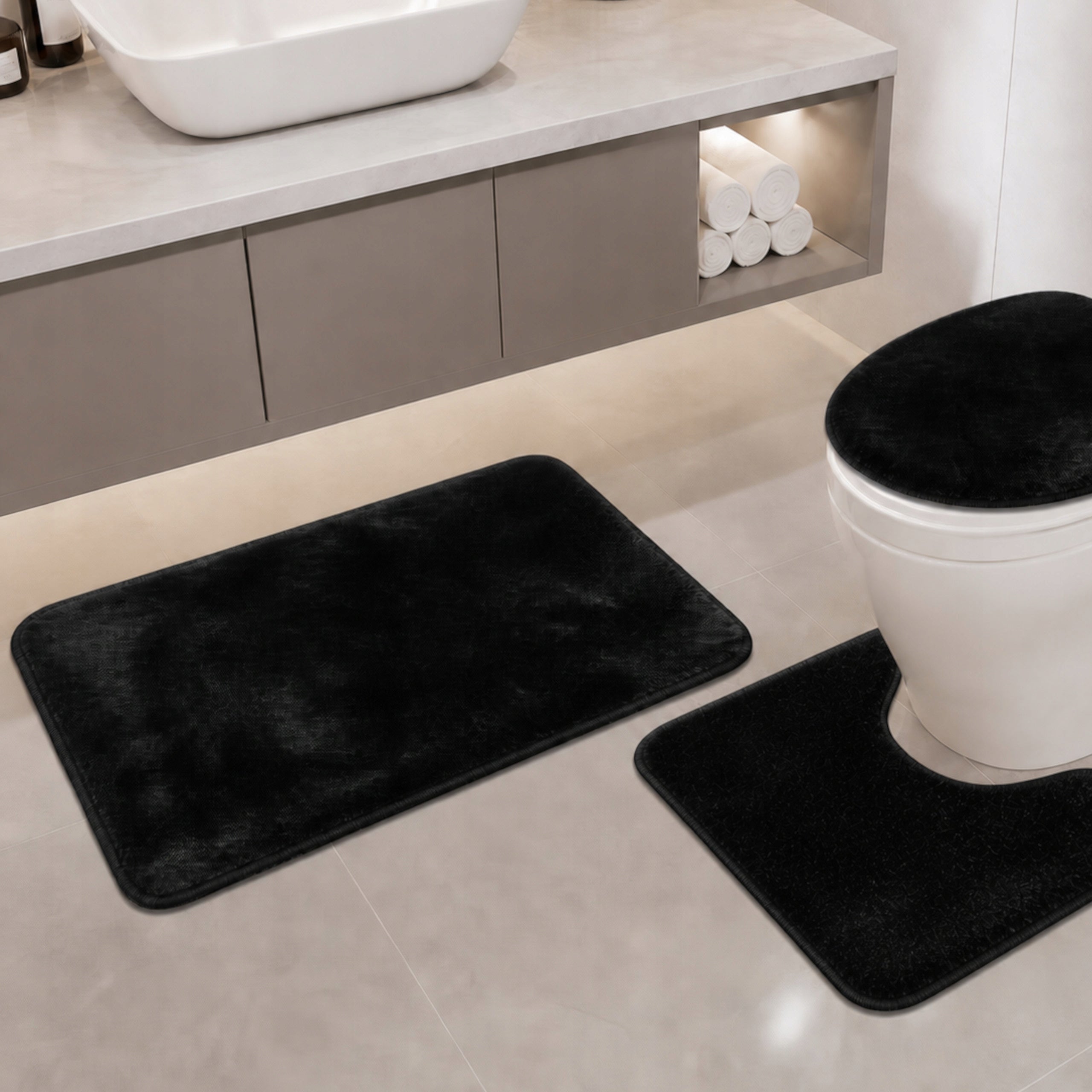 BATHROOM RUGS NON-SLIP SET 3 PIECE BLACK MODERN Length 80 cm