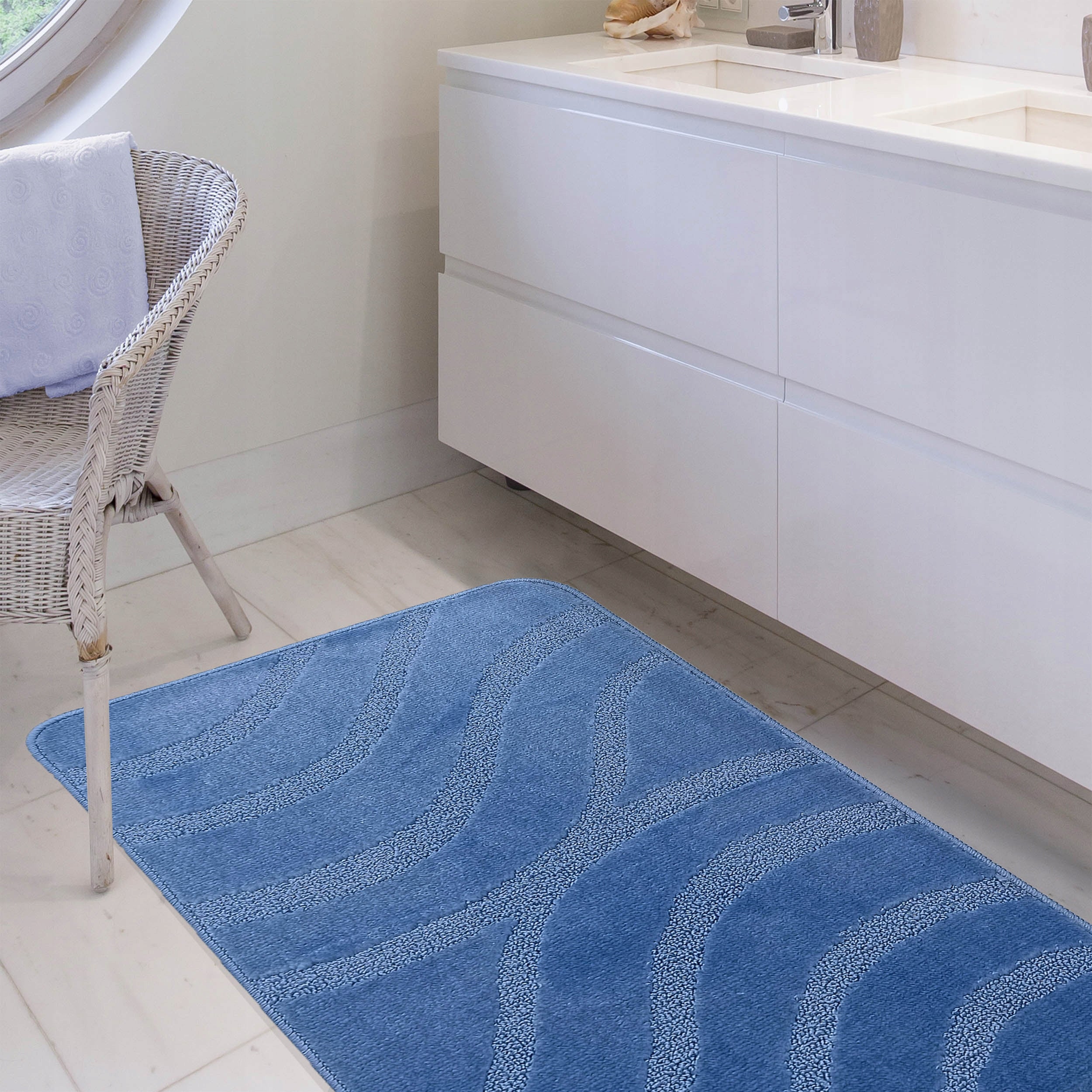 BATHROOM RUGS RUBBERIZED NON-SLIP WAVES 2 PACK BLUE Packaging status original