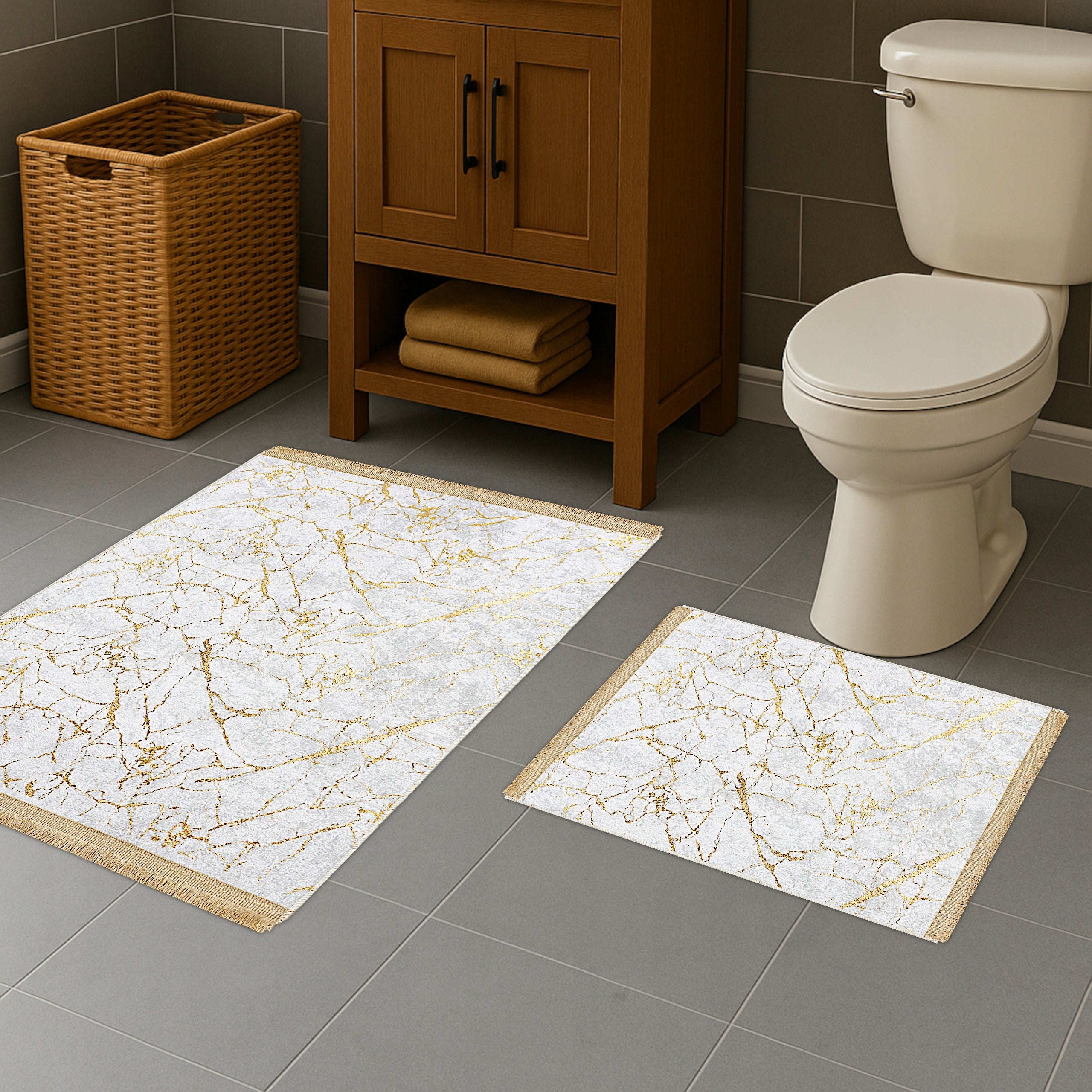 BATHROOM RUGS SET OF 2 NON-SLIP 60x100 GREY GOLD LARGE Manufacturer code Dywanik Łazienkowy 2 częściowy szary duży