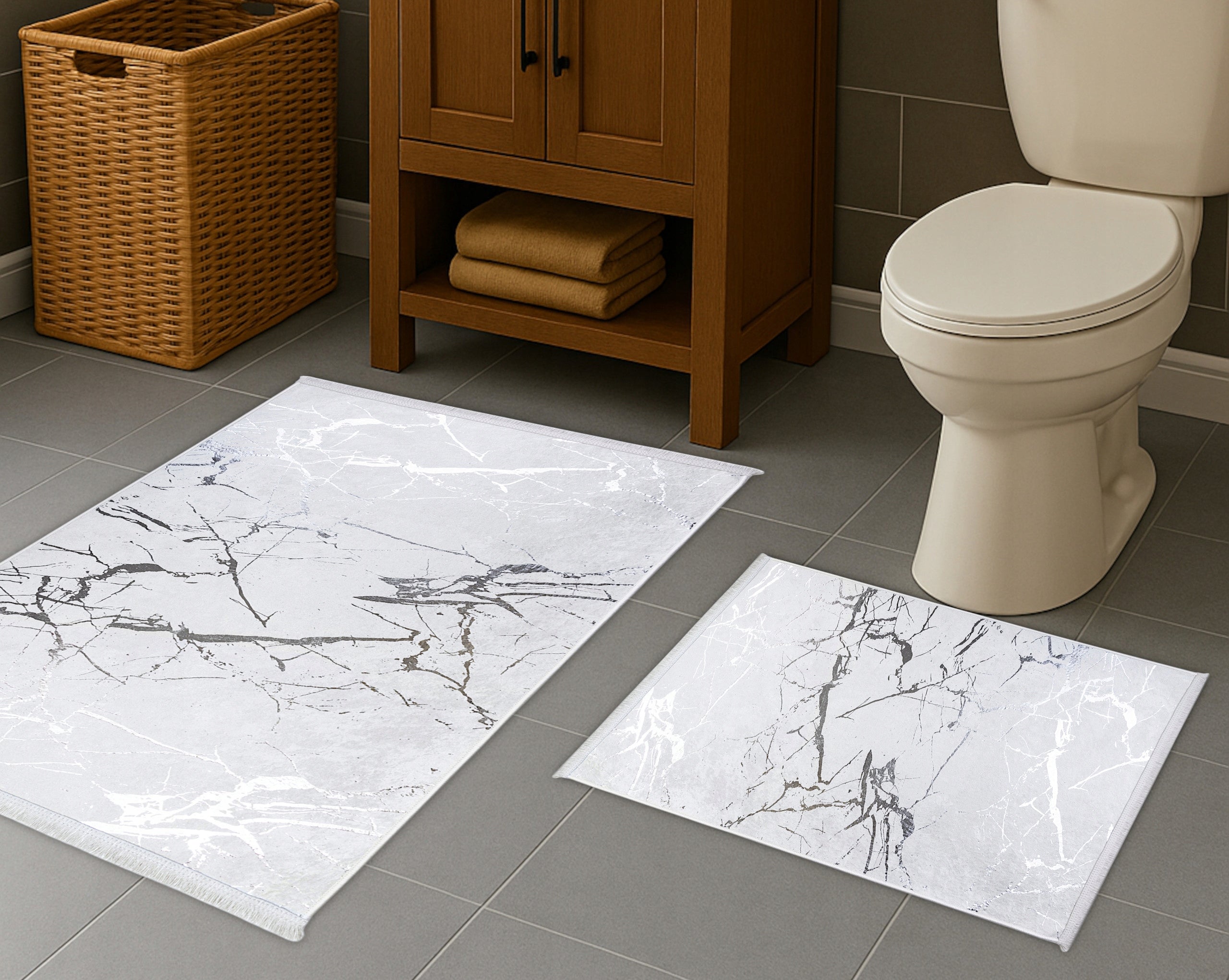 BATHROOM RUGS SET OF 2 NON-SLIP 60x100 GREY SILVER LARGE Manufacturer code Dywanik Łazienkowy 2 częściowy szary duży