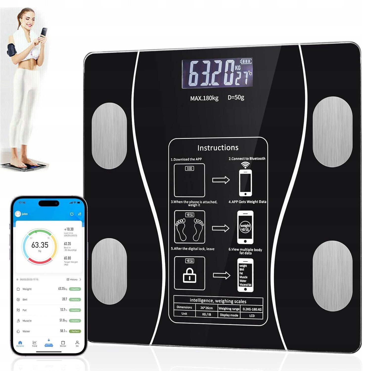 BATHROOM SCALE ANALYTICAL BMI BLUETOOTH SMART UP TO 180Kg GLASS PRECISION