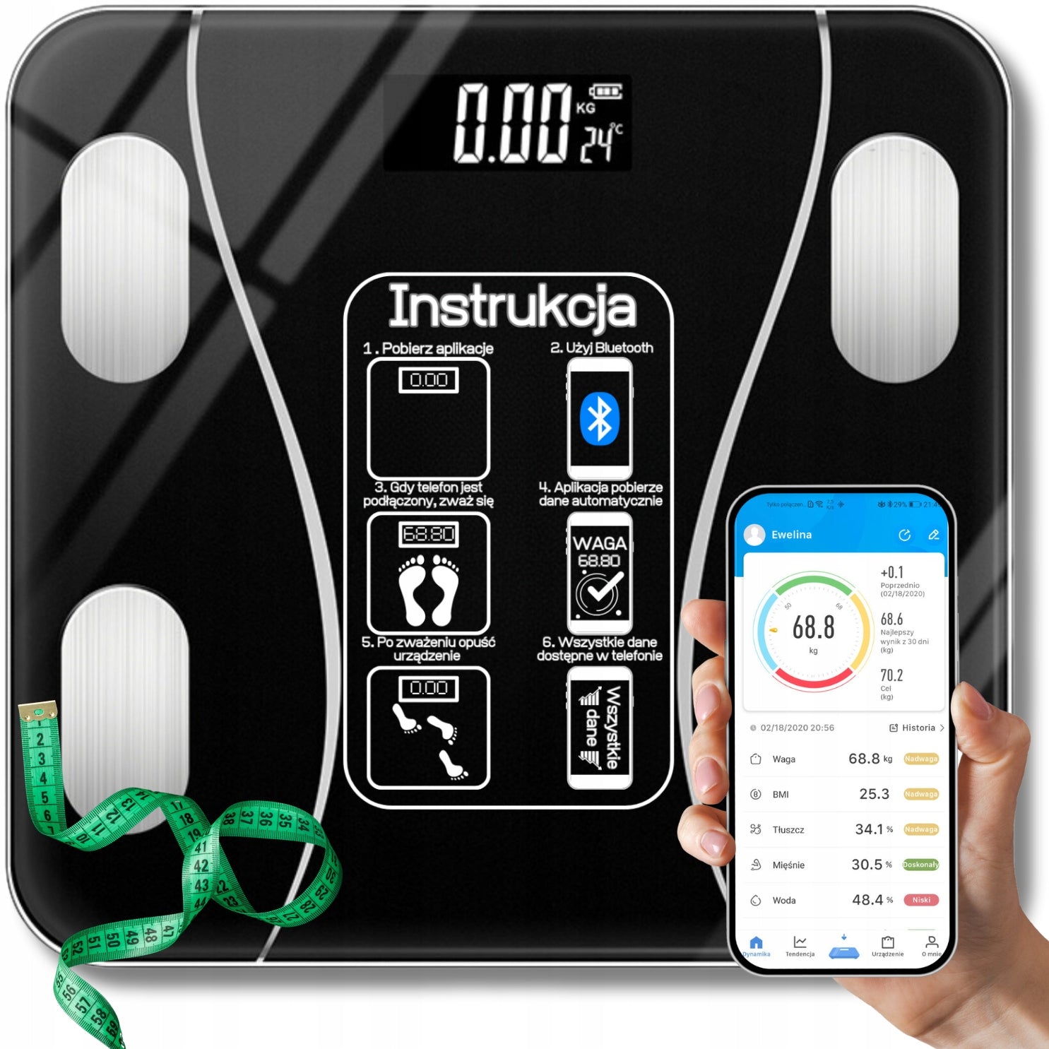 BATHROOM SCALE ANALYTICAL ELECTRONIC SMART+ APPLICATION BMI 180KG SLIM