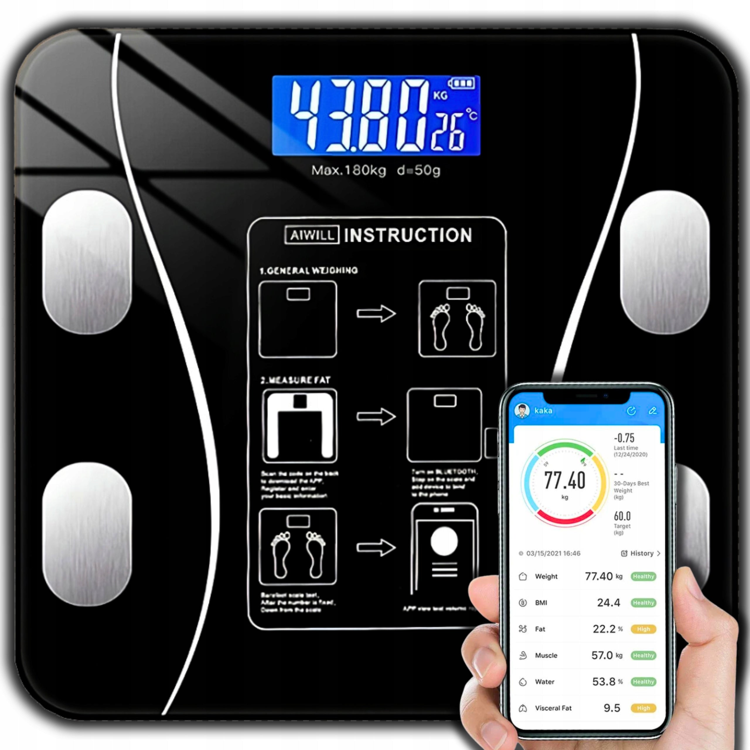 BATHROOM SCALE ANALYTICAL SENSORS SMART ANDROID iOS BATTERIES 180KG LCD Brand Karwil