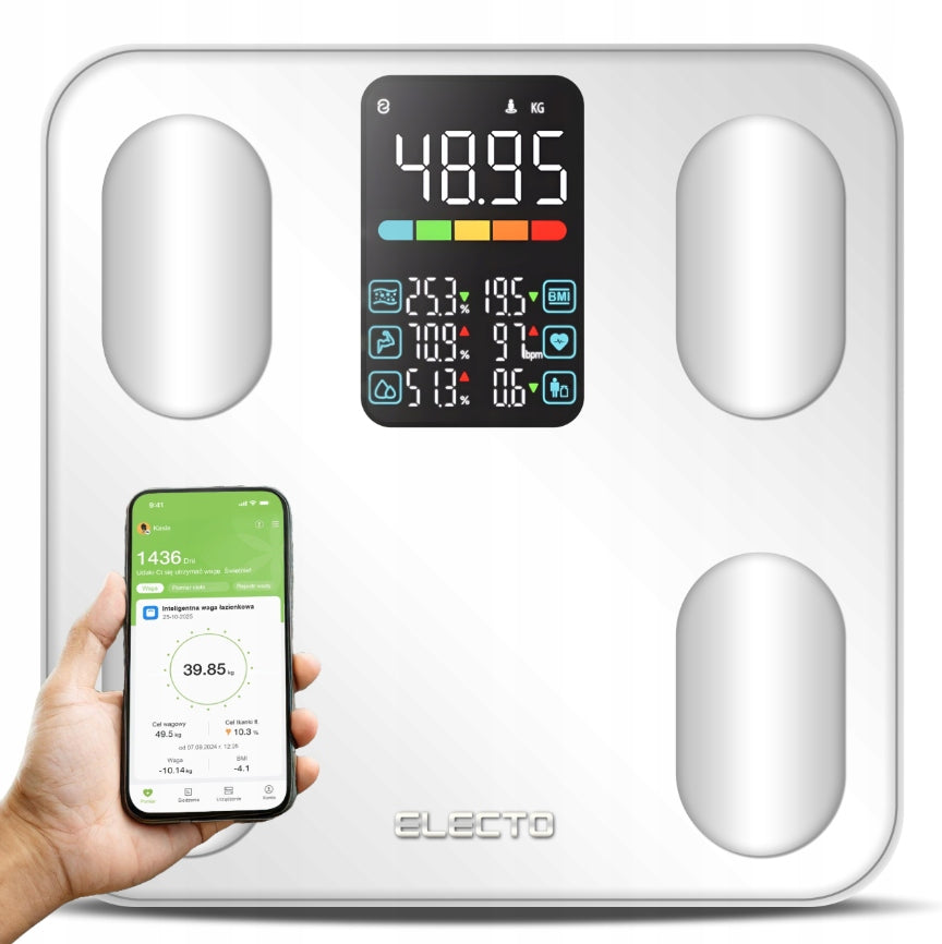 BATHROOM SCALE ELECTRONIC ANALYTICAL APPLICATION in Polish BMI 13IN1 LCD