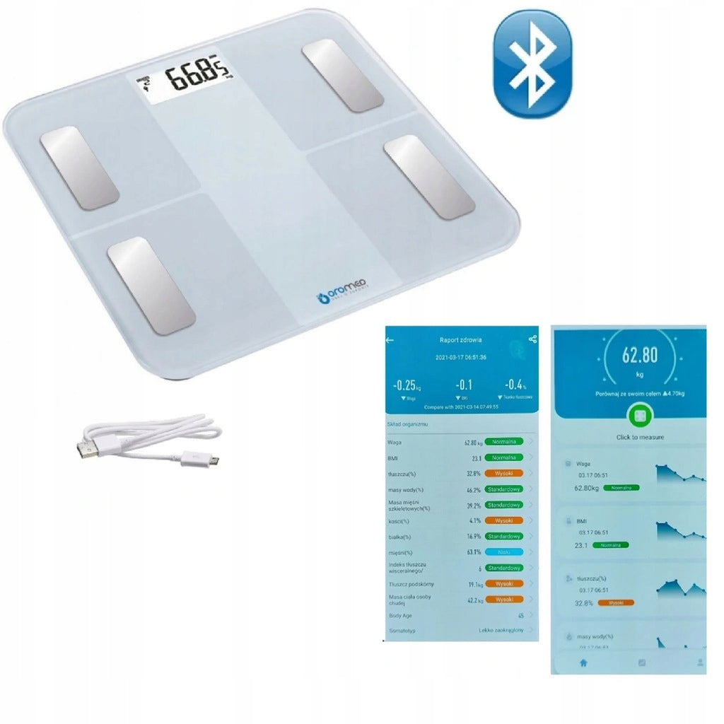 BATHROOM SCALE GLASS BLUETOOTH OROMED ANALYSIS COMPOSITION12in1 WHITE application Manufacturer code WAG_ORO-SCALE_BLUETOOTH_WHITE