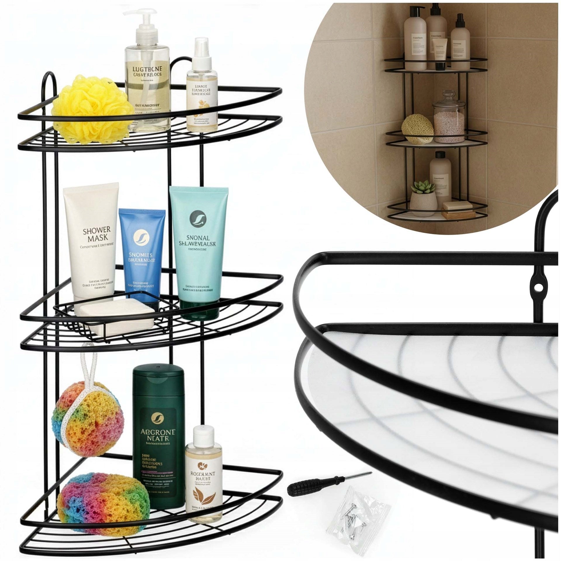 BATHROOM SHELF CORNER SHOWER 58cm HANGING 3 SHELVES BLACK STEEL