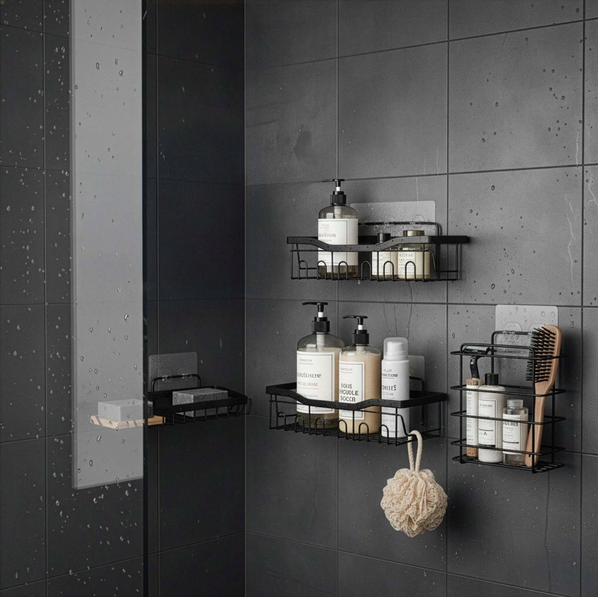 BATHROOM SHOWER SHELF SHELVES 5pcs HANGING SET LOFT BLACK WALL Brand Springos