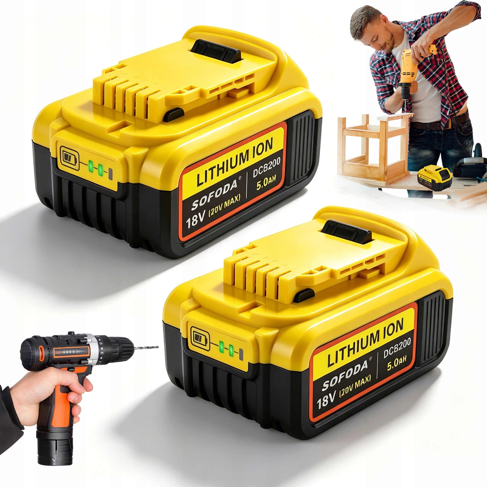 BATTERY FOR DEWALT 18V 5AH LI-ION DCB184 DCB185 DCB201 LED 2 PCS