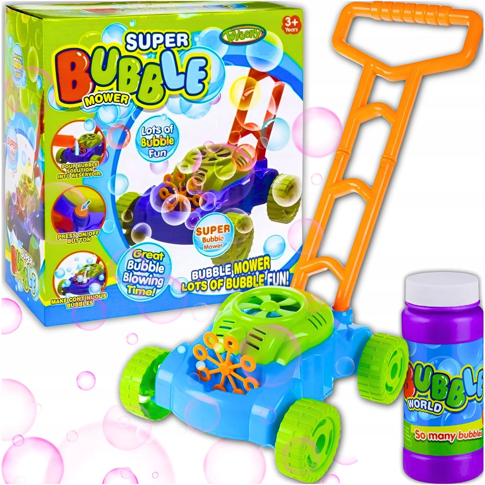 BATTERY OPERATED SOAP BUBBLE MOWER BUBBLE MACHINE FOR CHILDREN + LIQUID