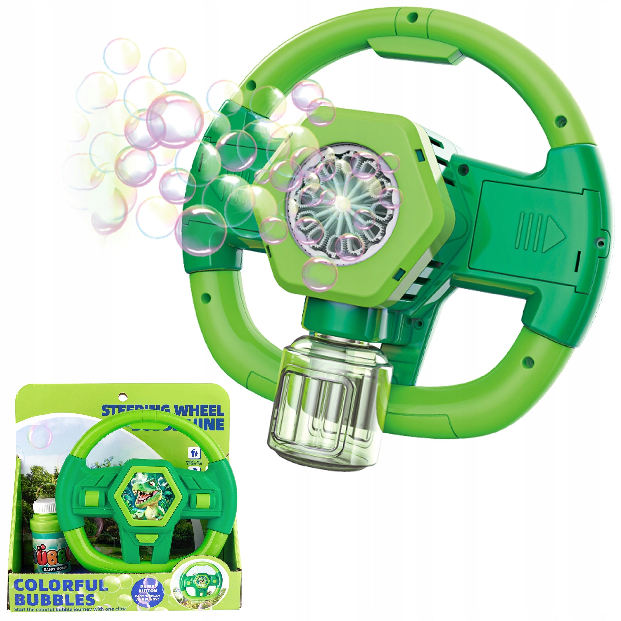 BATTERY OPERATED SOAP BUBBLE STEERING WHEEL DINOSAUR LIQUID LED LIGHT FOR KIDS