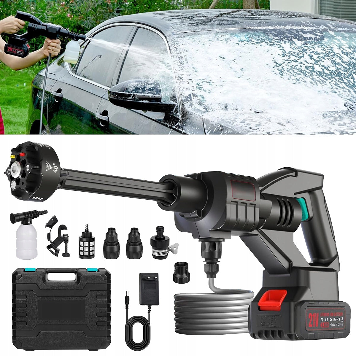 BATTERY PRESSURE WASHER 100BAR 21V 3AH MULTIFUNCTION NOZZLE 500W
