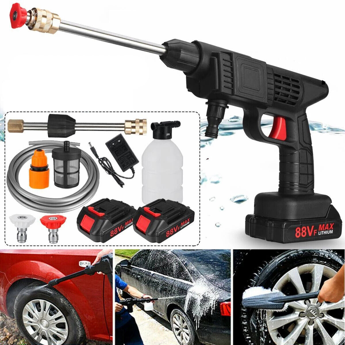 BATTERY PRESSURE WASHER POWERFUL 200BAR 1500W 88VF 1.0Ah SET + 2AKU