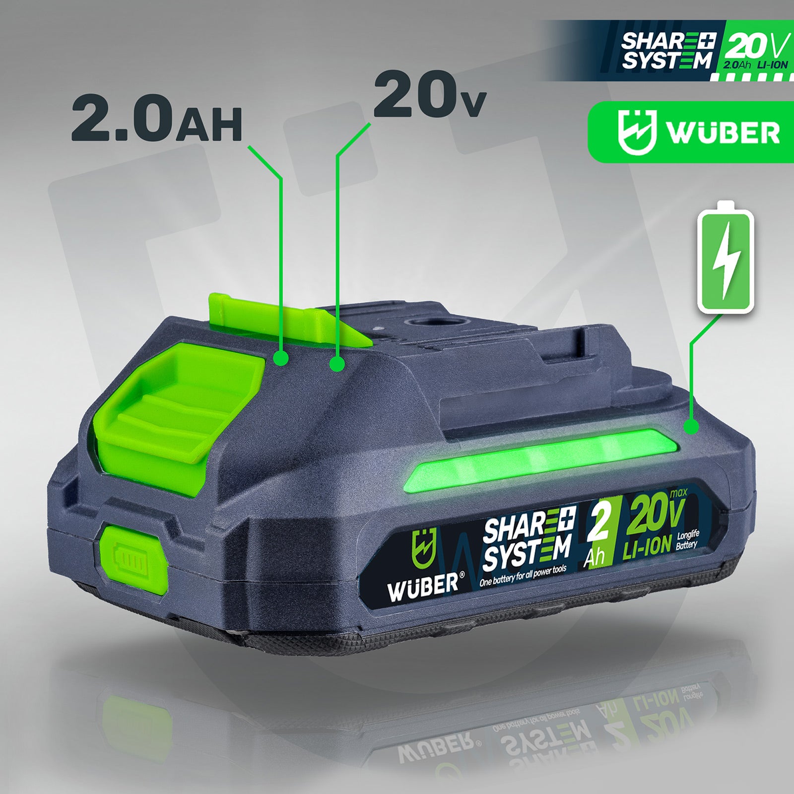 BATTERY WUBER SHARE+ LITHIUM ION SYSTEM 20 V 2.0 AH WUBER Brand Wuber