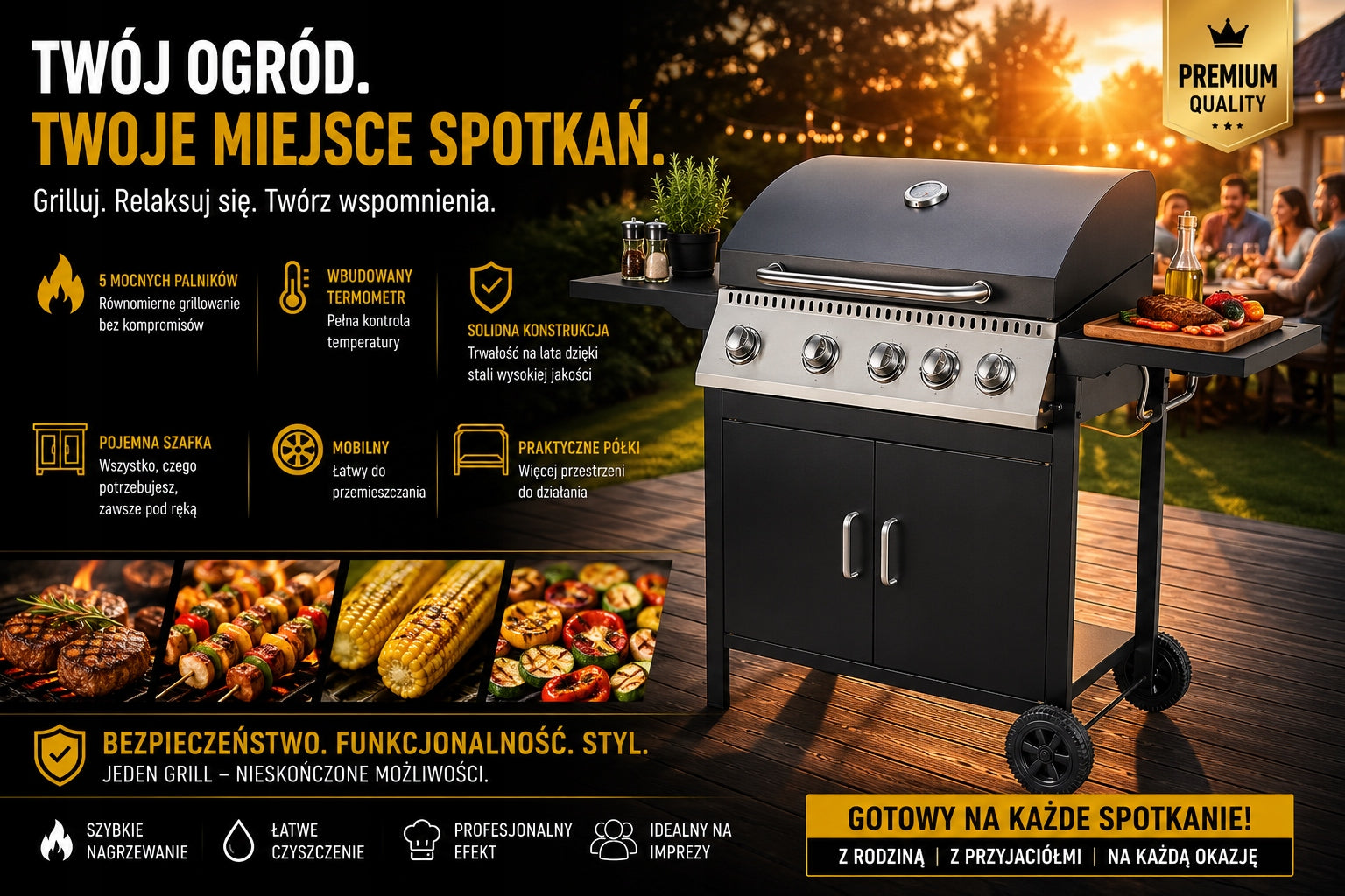 BBQ GARDEN GRILL - burners 4+1 power 14,5 kW - reducer + hose set Grill width 128 cm