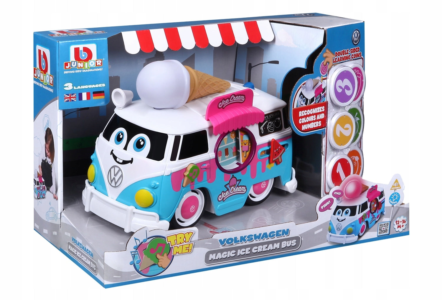 Žaislinis ledų autobusiukas Bburago Junior Volkswagen Magic Ice Cream Bus, 16-88610, LT, LV, EE kalbos