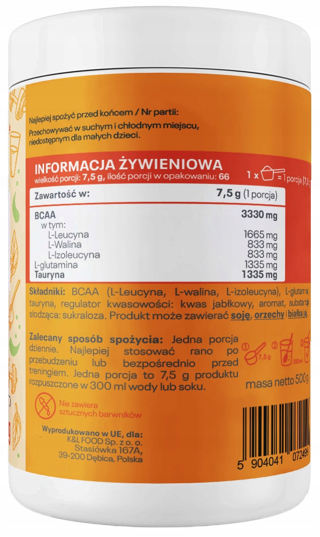 BCAA ORANGE 500g BCAA Pro + Taurine L-Glutamine Supplement Kol-Pol Manufacturer code BCAA Pro+ Pomarańczowe 500g Kol-Pol