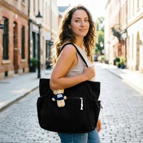 BEACH BAG CORDUROY WOMEN BLACK 3 POCKETS 35X30CM for home Manufacturer code SWC5908807160925