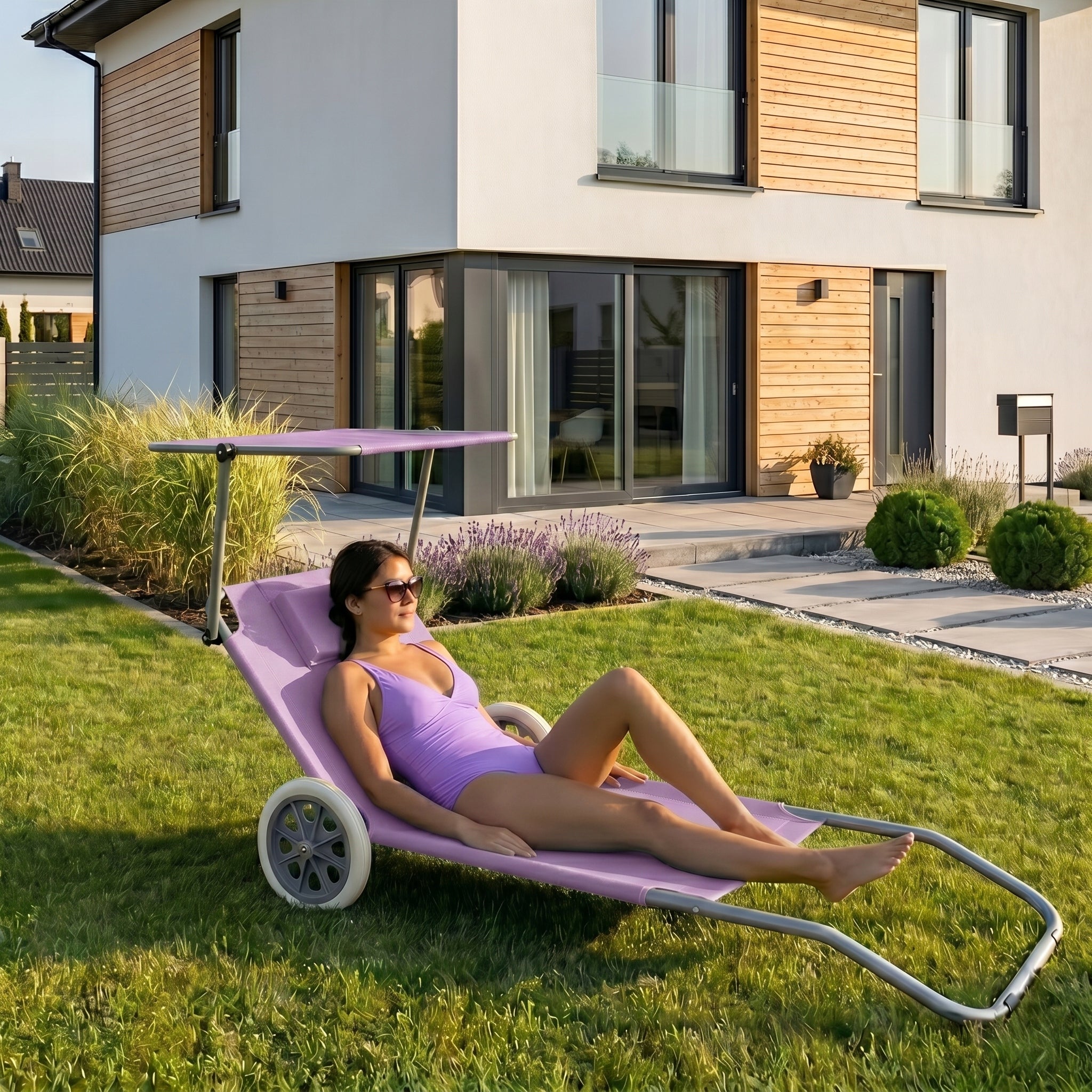 BEACH CHAIR GARDEN FOLDING TOURIST COUCH STROLLER WHEELS COUCH Kind sunbed