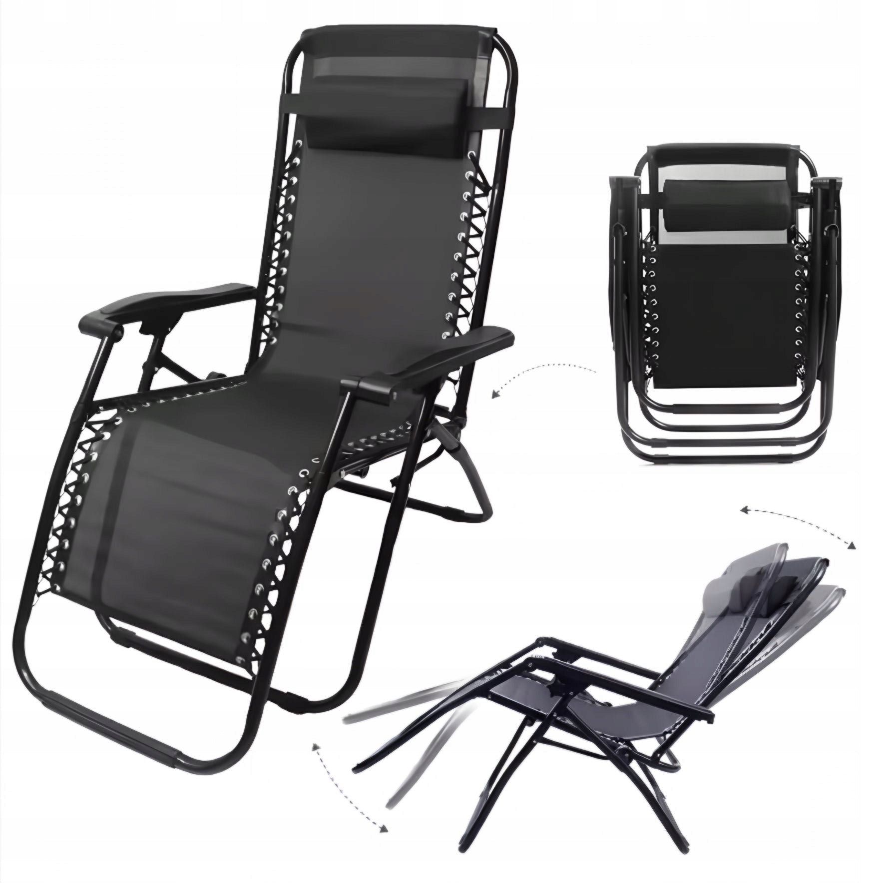 BEACH CHAIR ZERO GRAVITY - FOLDING CHAIR WITH PILLOW -BLACK