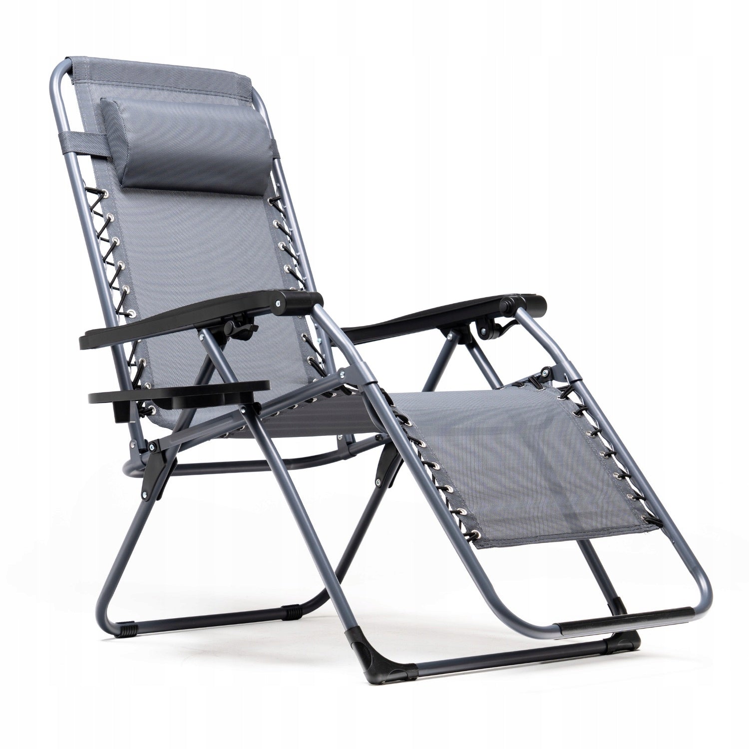 BEACH LOUNGER FOLDING ZERO GRAVITY CUSHION DRINK HOLDER GREY Color gray