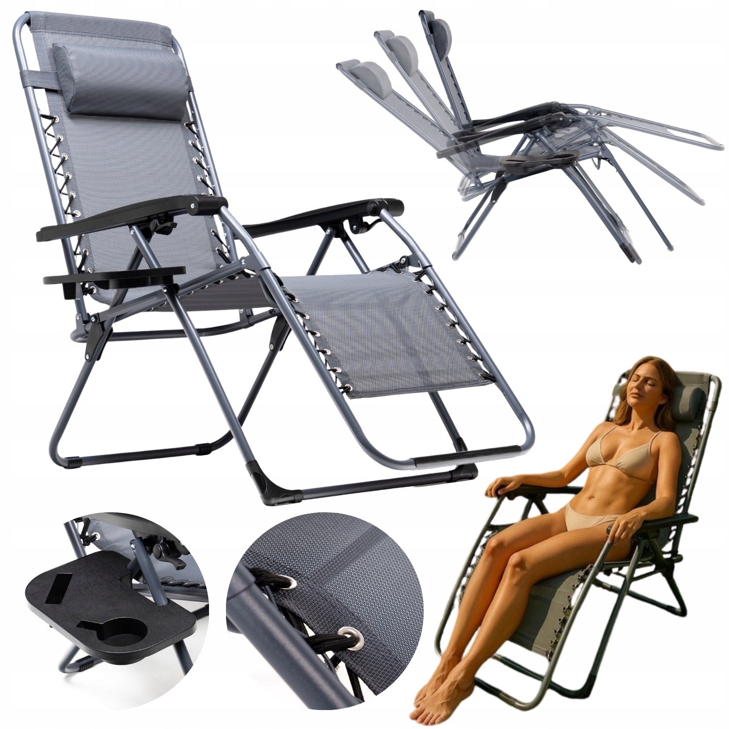 BEACH LOUNGER FOLDING ZERO GRAVITY CUSHION DRINK HOLDER GREY