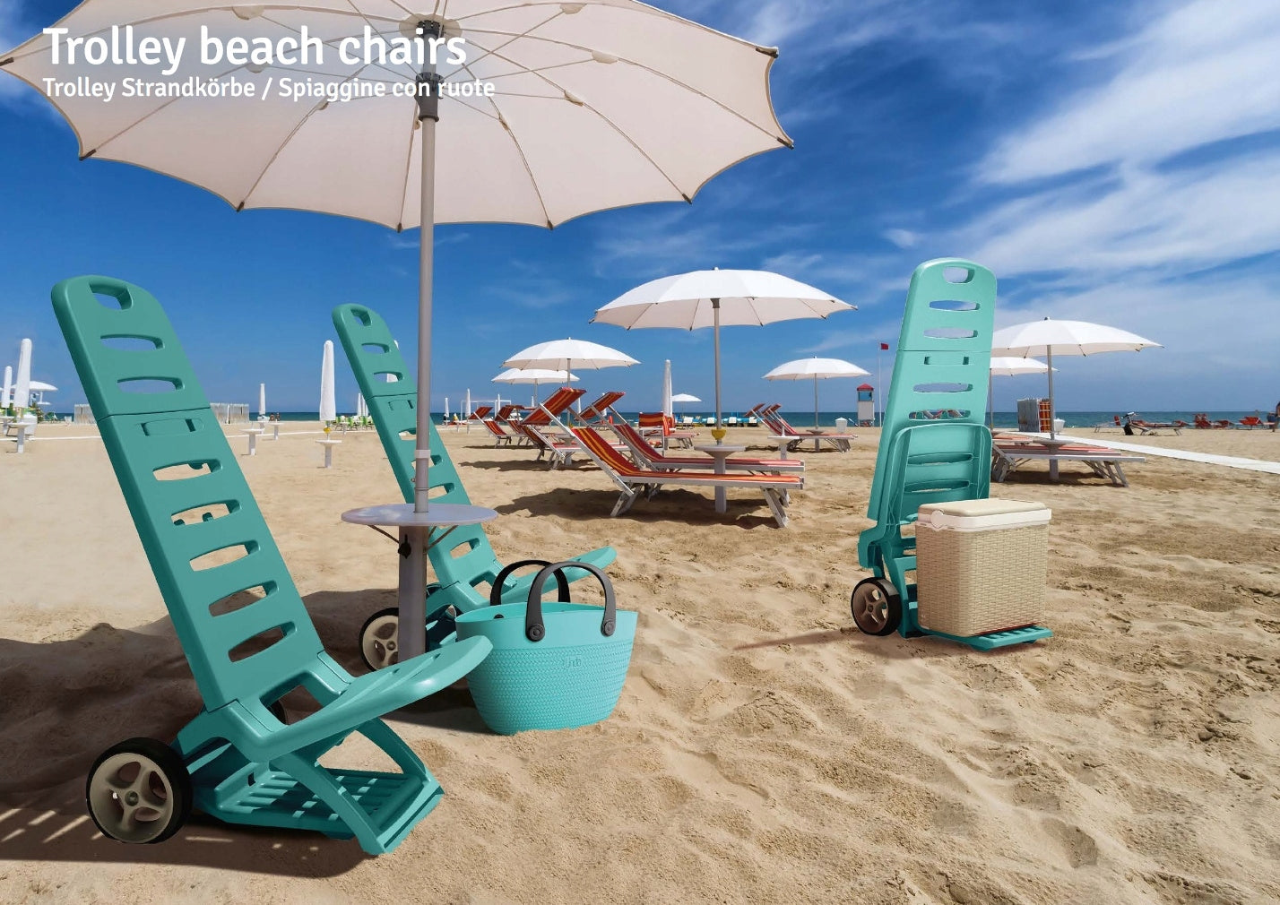 BEACH LOUNGER GARDEN ON WHEELS CHAIR FOLDING TRANSPORT TROLLEY 2in1 Brand Adriatic