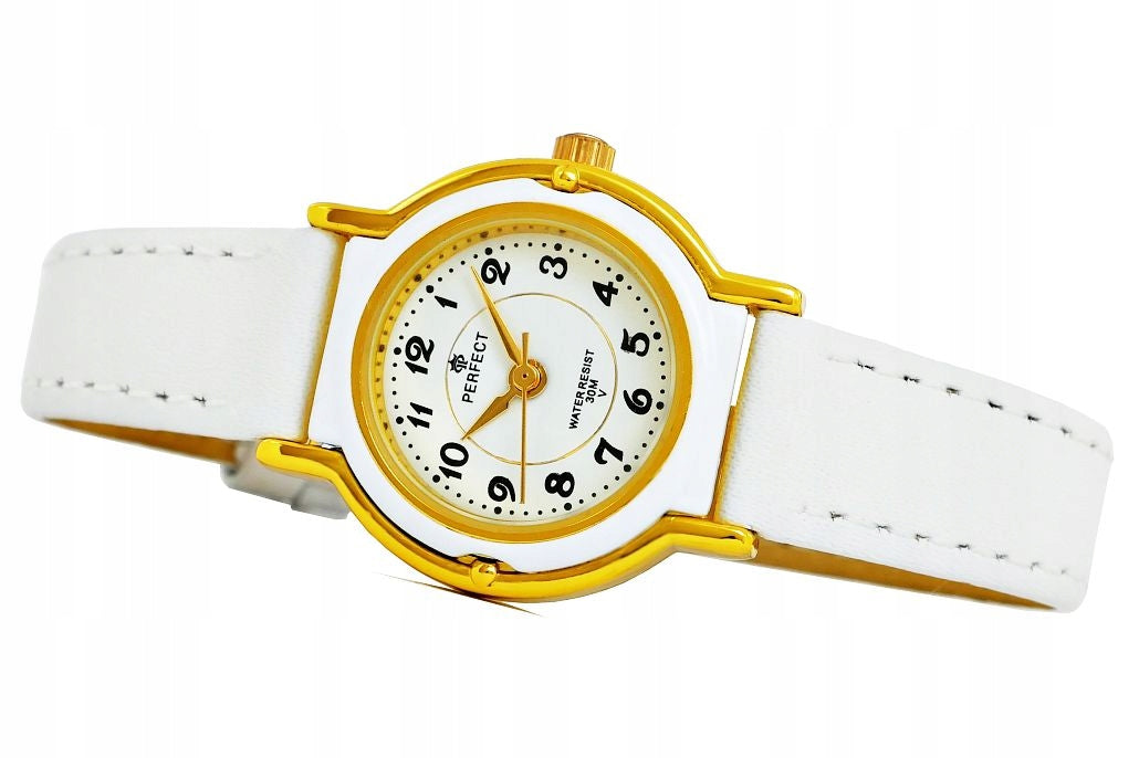 BEAUTIFUL CHILDREN'S WATCH - PERFECT - GOLD CASE -WHITE STRAP