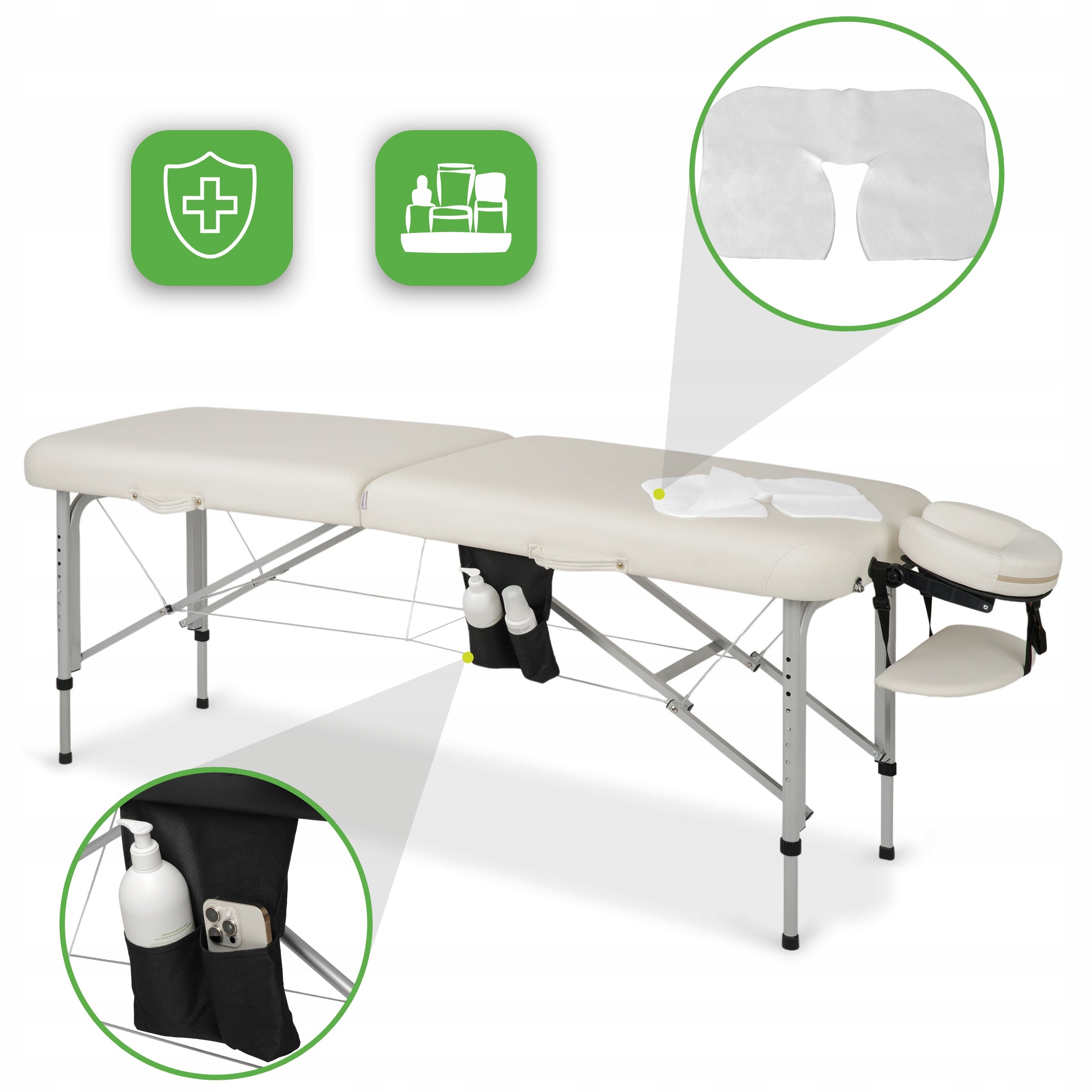 BED MASSAGE TABLE ALUMINUM FOLDING VERA 60CM WHITE WITH ACCESSORIES Brand Aveno Life