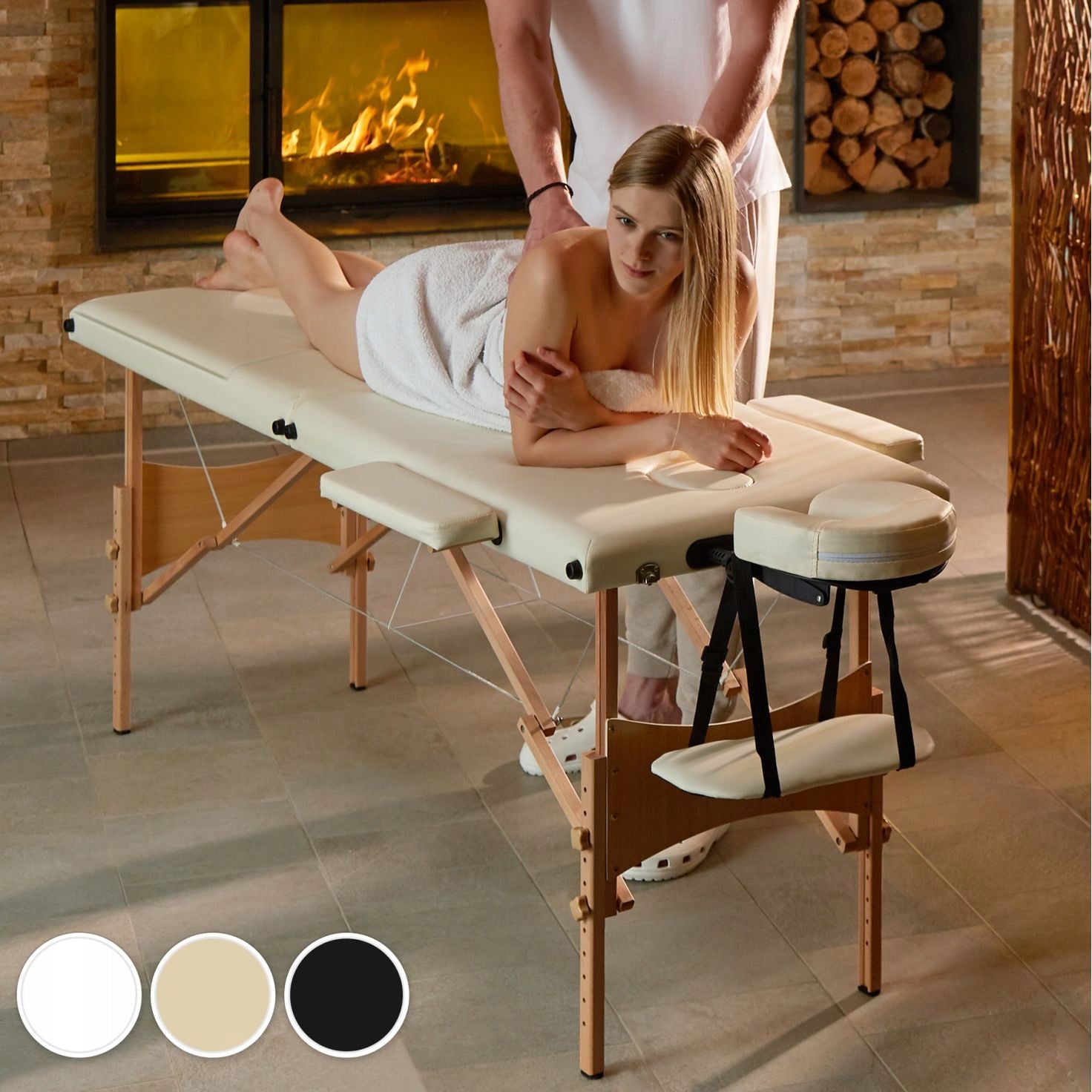 BED MASSAGE TABLE WOODEN FOLDING BEIGE Brand TecTake