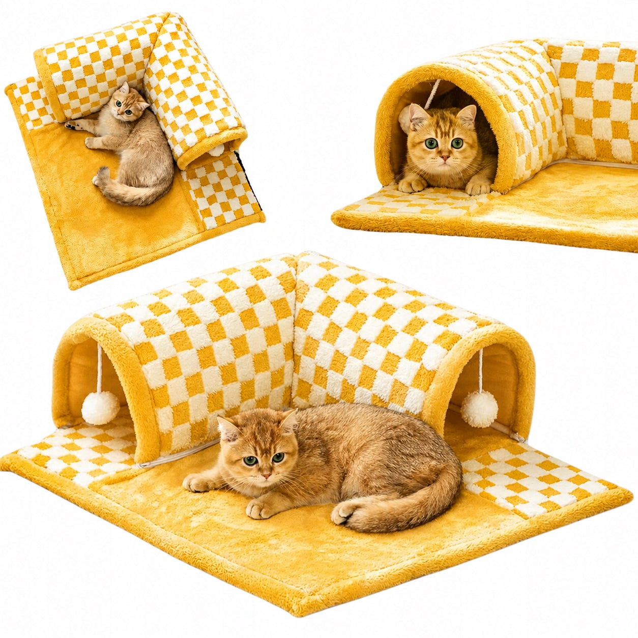 BED TUNNEL MAT FOR CAT DOG RABBIT RODENTS SOFT POMPOMS L