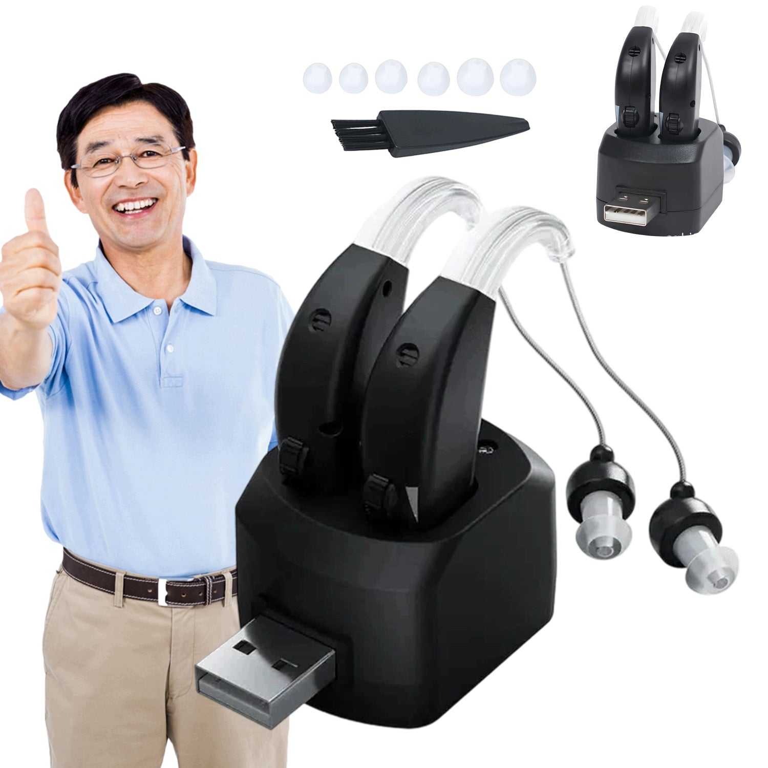 BEDEE Hearing Aid Rechargeable 2 Pcs With Volume Adjustment And 12 Inserts