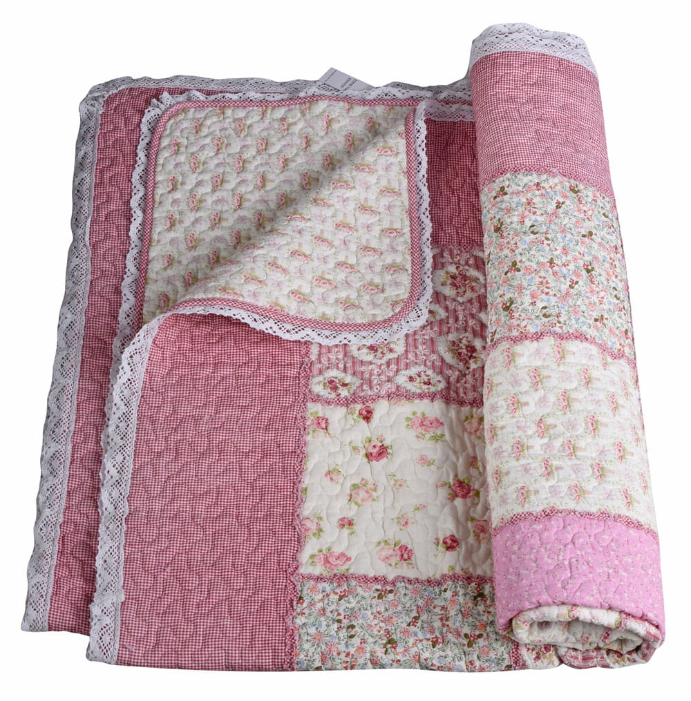 BEDSPREAD COTTON BLANKET Antyki24 with Lace Pink Beige Retro 150x200cm