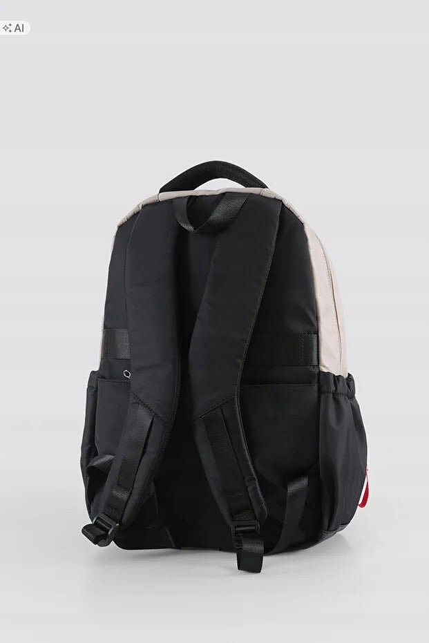 BEIGE CITY BACKPACK WITH ACCESSORIES AND GEOMETRIC PATTERN 5IA Dominant material synthetic