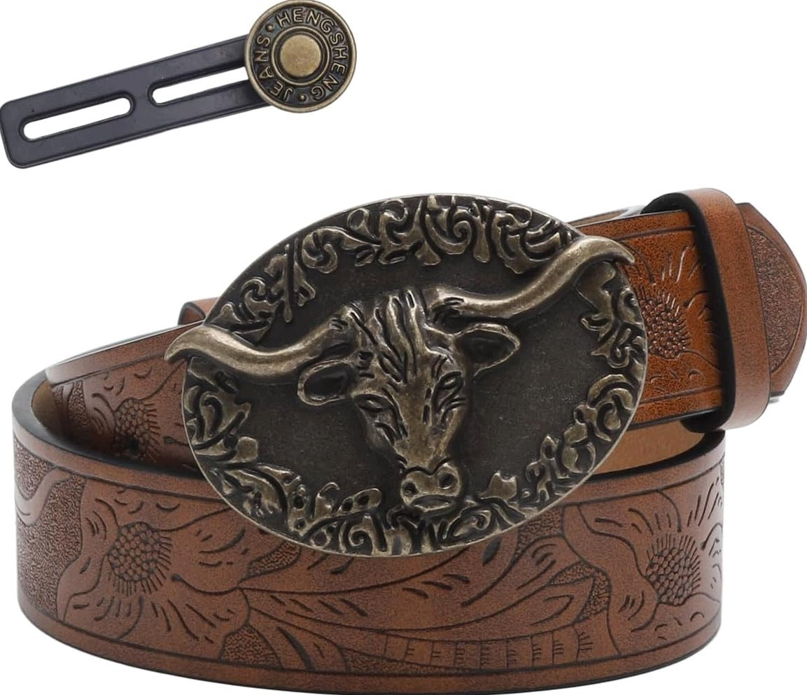 BELT 120 CM LEATHER BROWN UNISEX WESTERN COWBOY WITH BUCKLE FOR MEN