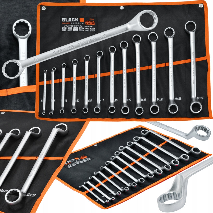 BENT RING WRENCHES 6-32MM 12pcs BLACK THICK BLACK DOUBLE POUCH 10 YEARS GU.