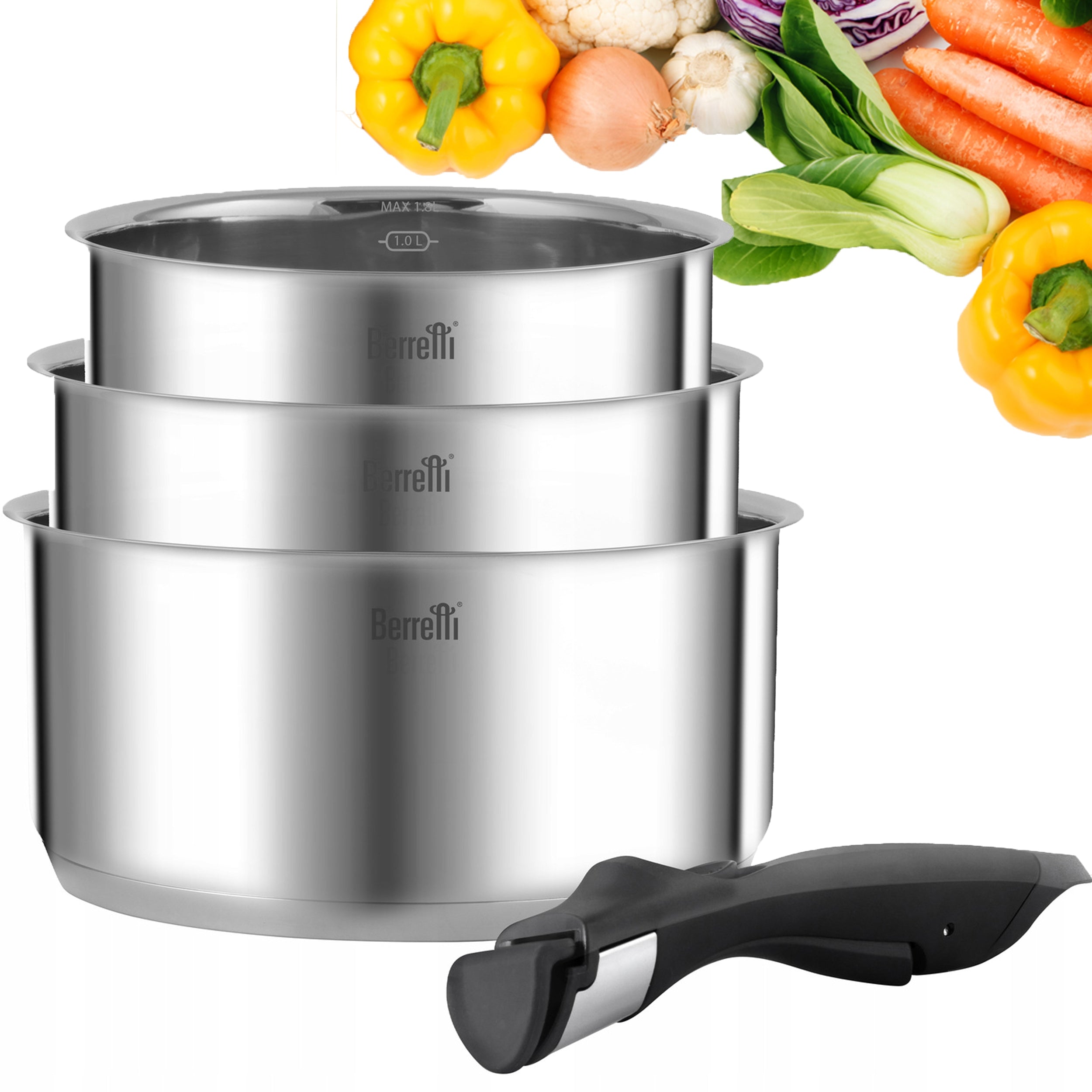 BERRETTI SET OF POTS WITH DETACHABLE HANDLE + LIDS COMODO 6el. 16/18/20cm Manufacturer code 5906574624282