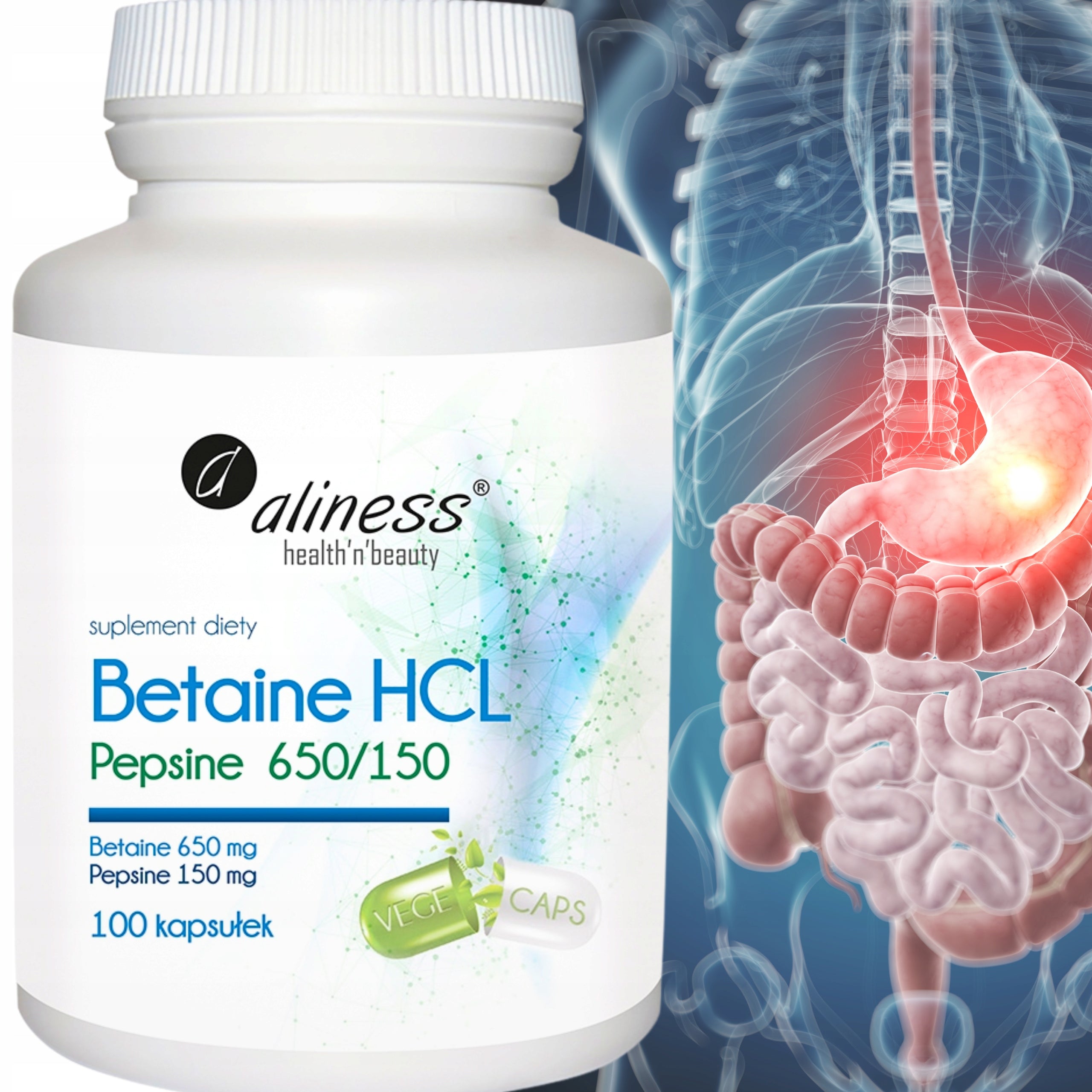 BETAINE + PEPSIN 100 capsules Betaine HCL + Pepsine ALINESS