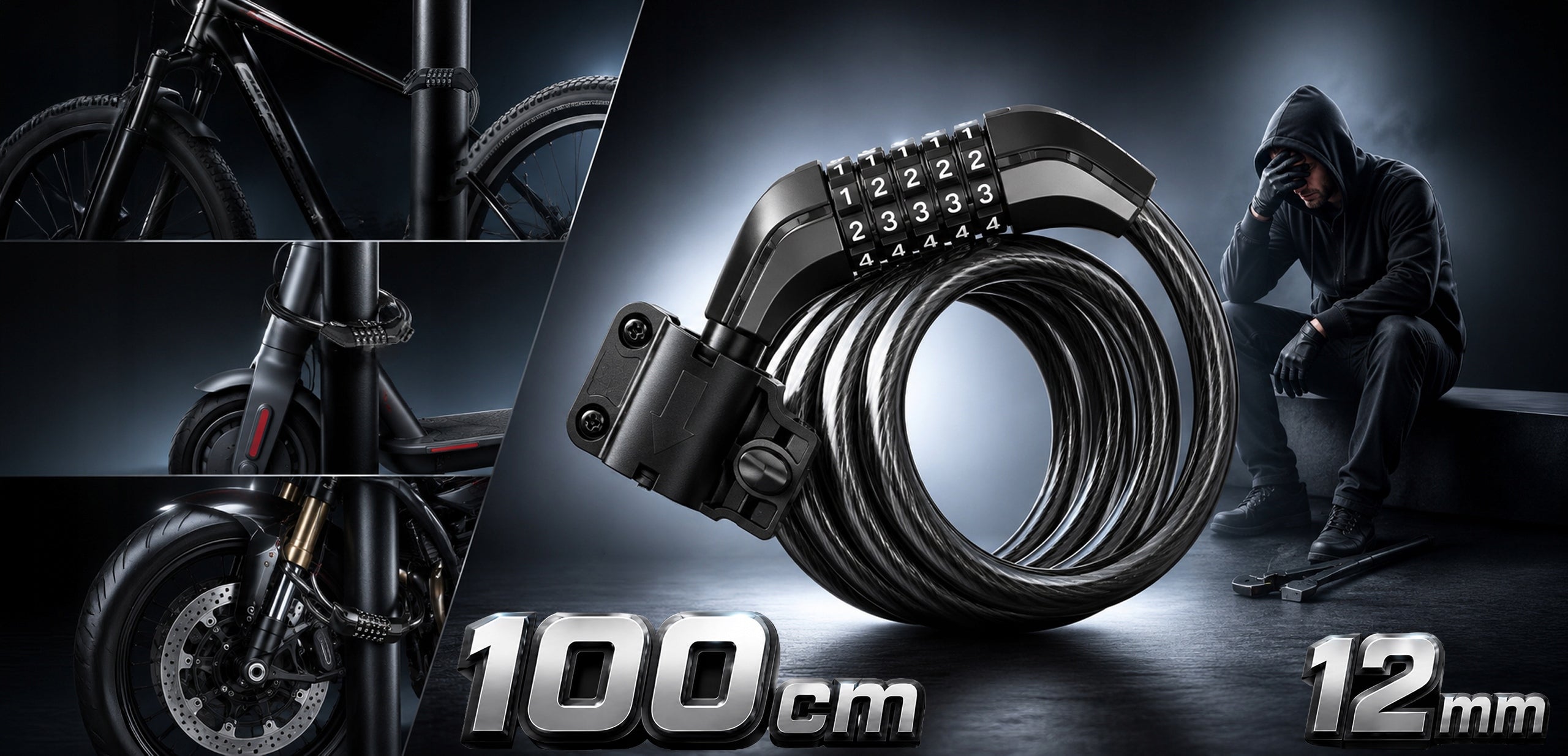 BICYCLE ANTI-THEFT CLASP WITH CODE CIPHER CABLE LOCK 100 CM 12MM Lock type per code