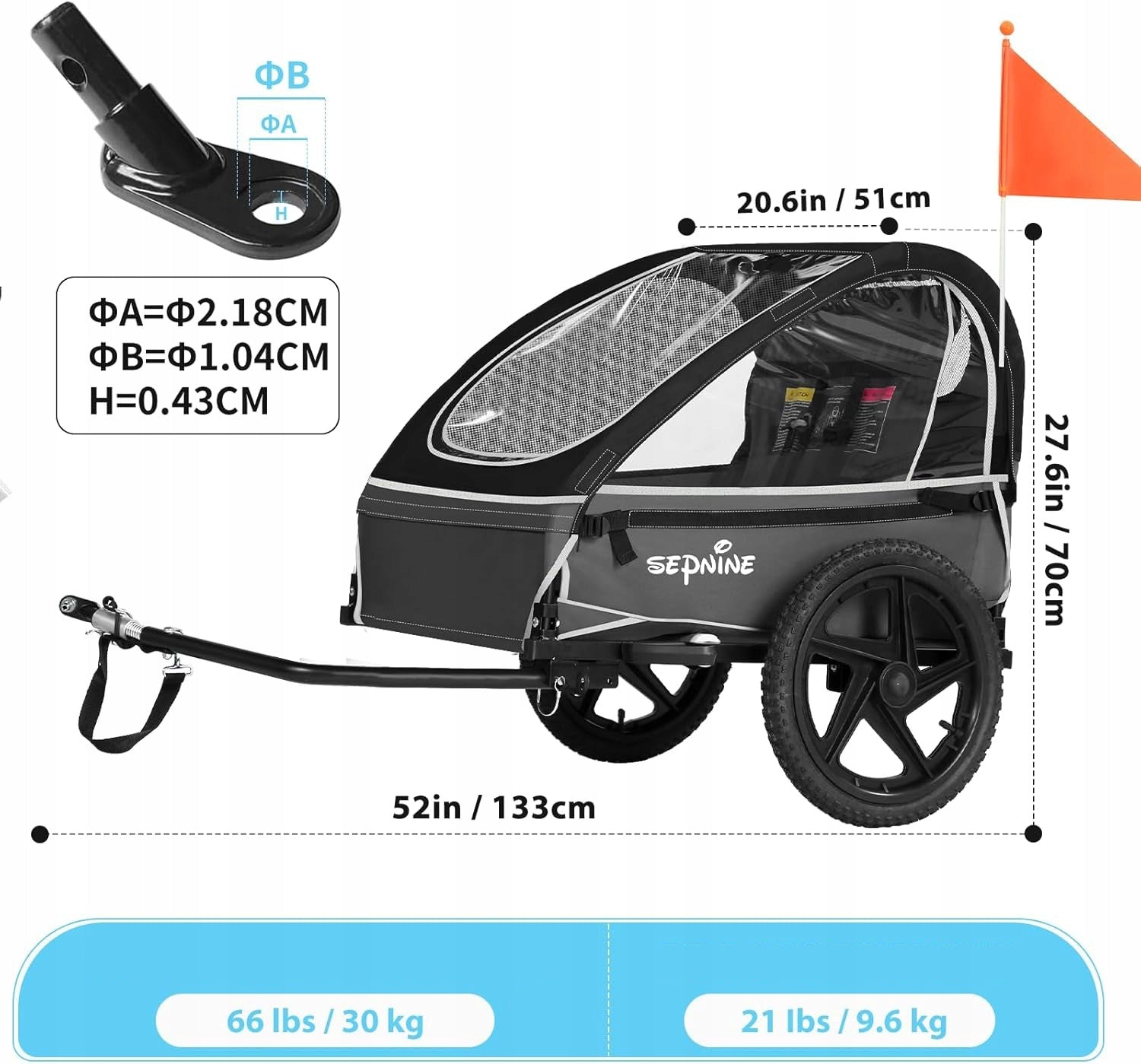 BICYCLE BABY TRAILER with 5-Point belt Kids Bike Trailer Up to 30kg Additional features safety flag 5-point harness pumped wheels foldable trailer design waterproof bicycle trailer hook