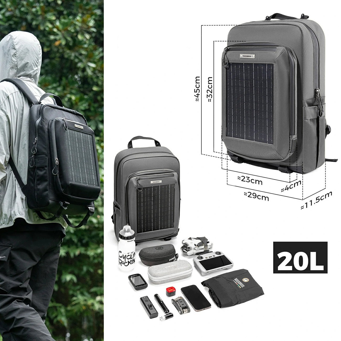 BICYCLE BACKPACK WITH SOLAR PANEL FOR CAPACIOUS PHONE 20L ROCKBROS Brand Rockbros