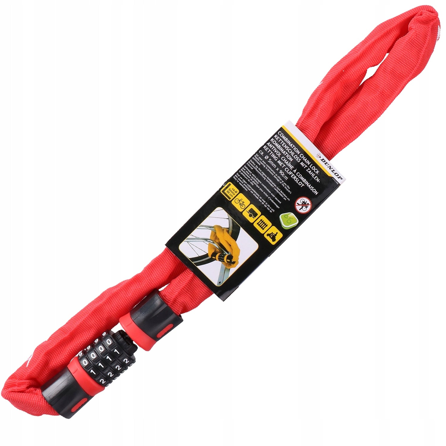 BICYCLE CLASP BICYCLE LOCK FOR CIPHER CODE Chain for bicycle DUNLOP Manufacturer code Łańcuch na SZYFR 90cm x Ø 5 mm CZERWONY