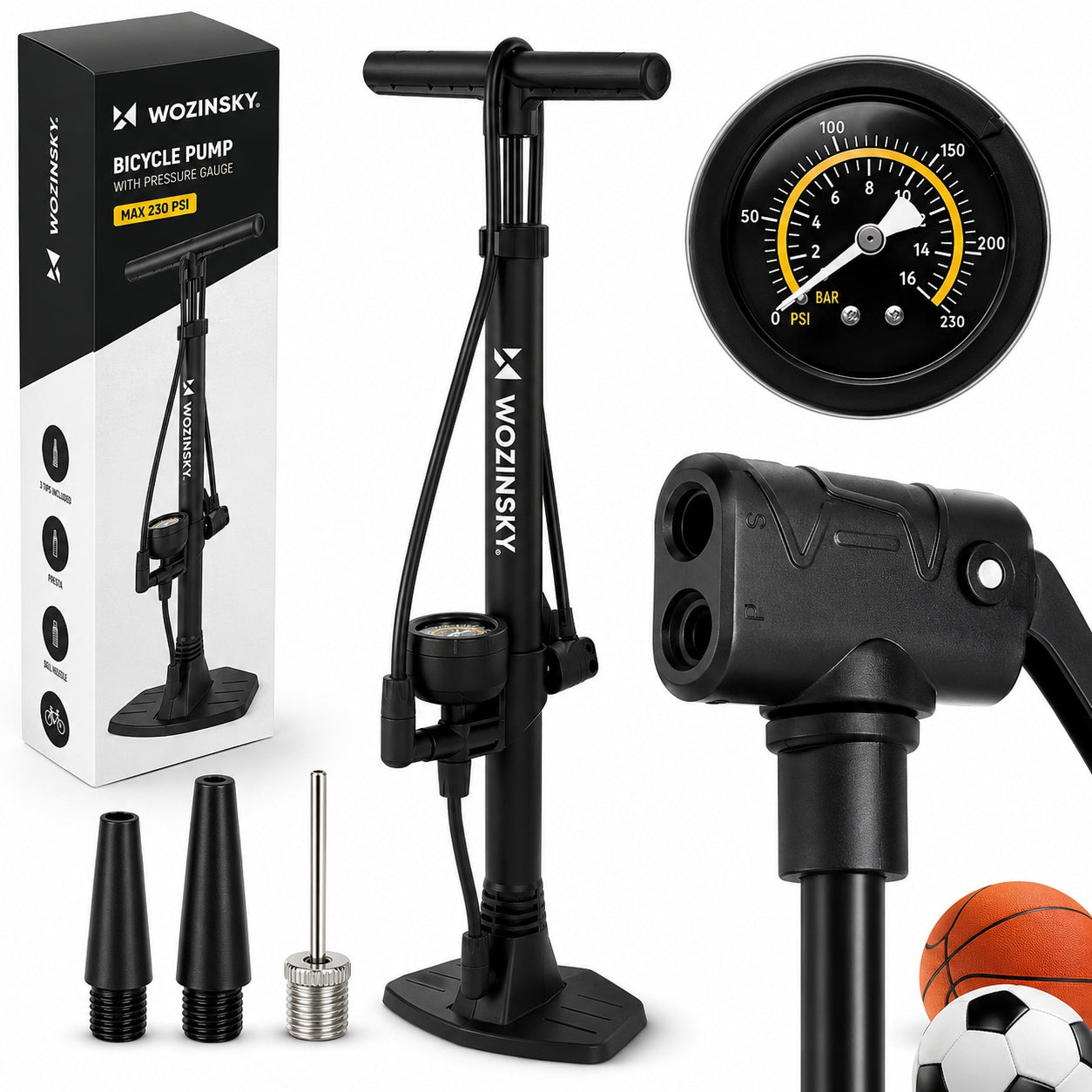 BICYCLE FLOOR PUMP PRESSURE GAUGE 160 PSI PRESTA SCHRADER BALL NEEDLE Packaging status original