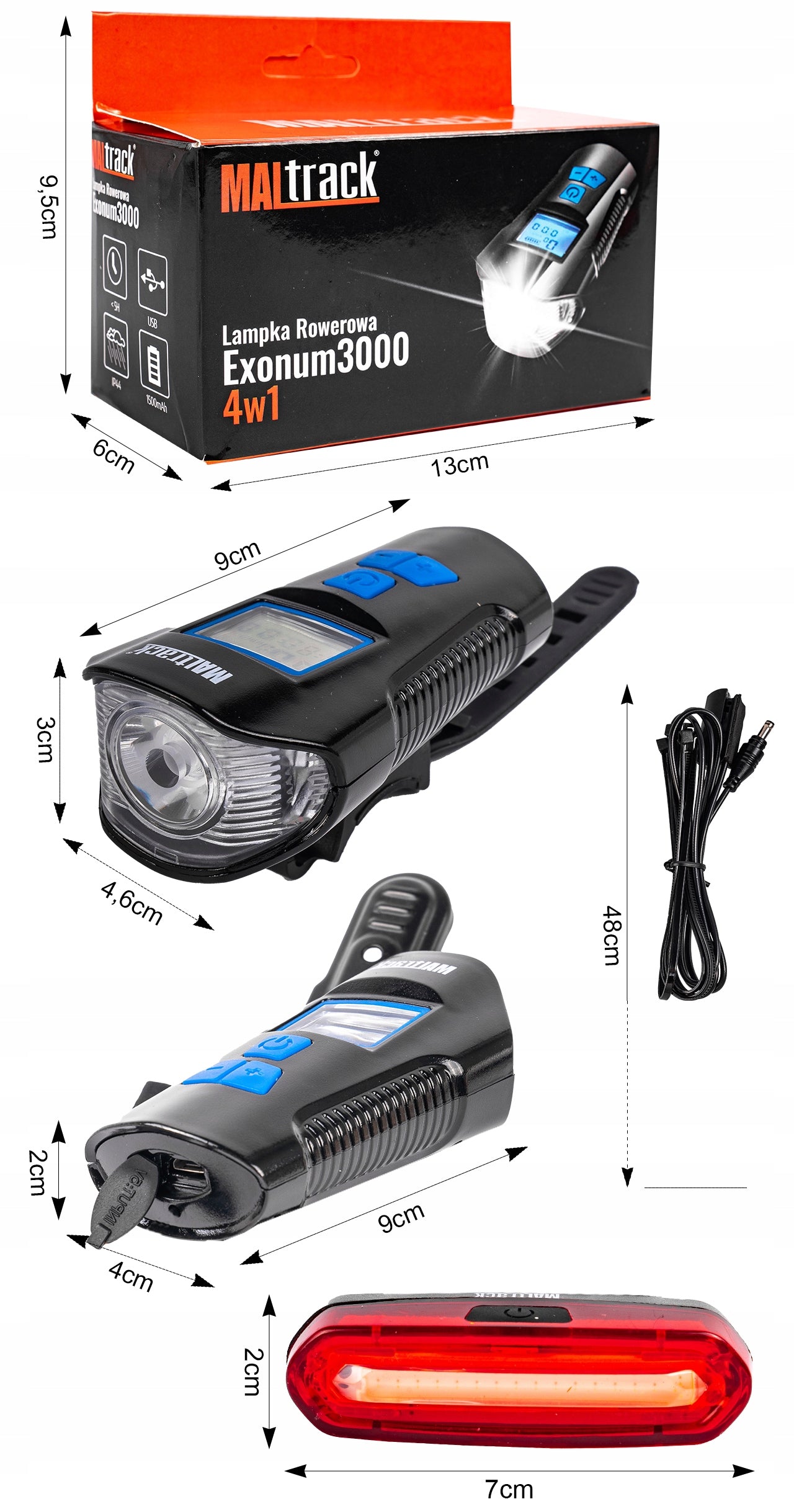 BICYCLE LIGHT BATTERY COUNTER HORN FRONT REAR FOR BIKE USB CABLE Packaging status original