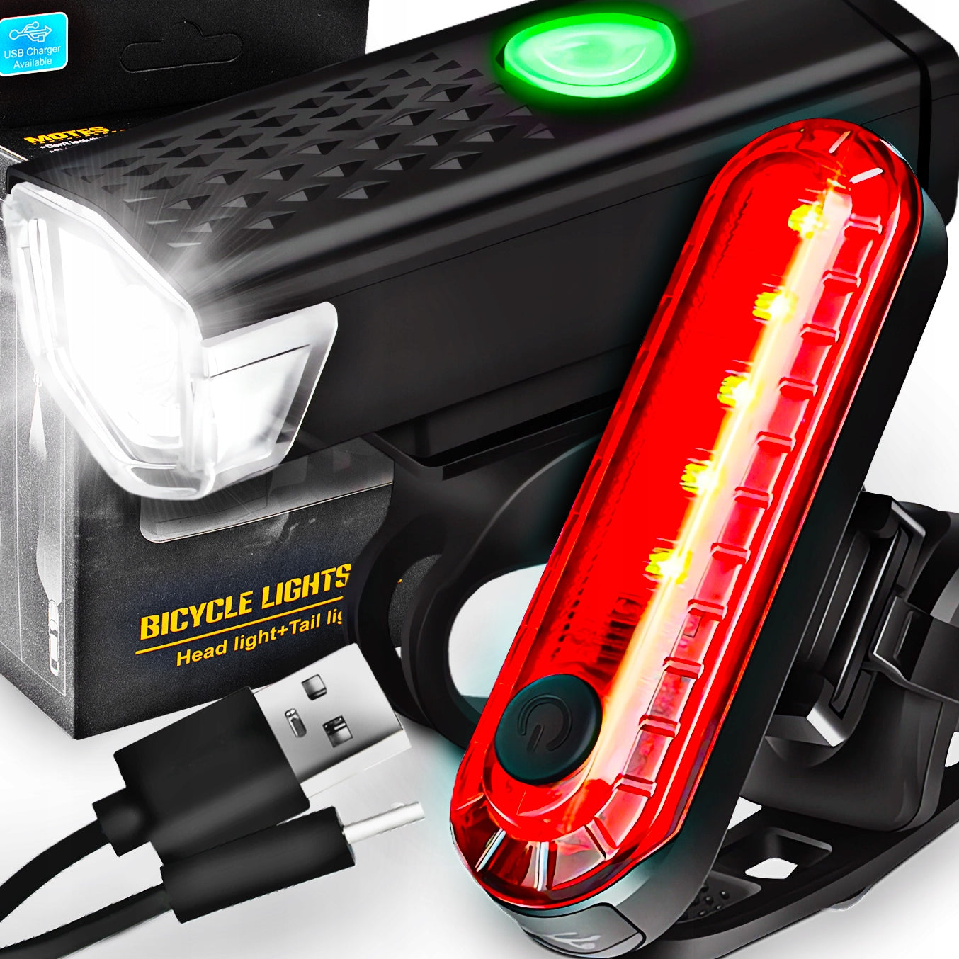 BICYCLE LIGHT FRONT REAR LED STRONG WATERPROOF USB BATTERY SET