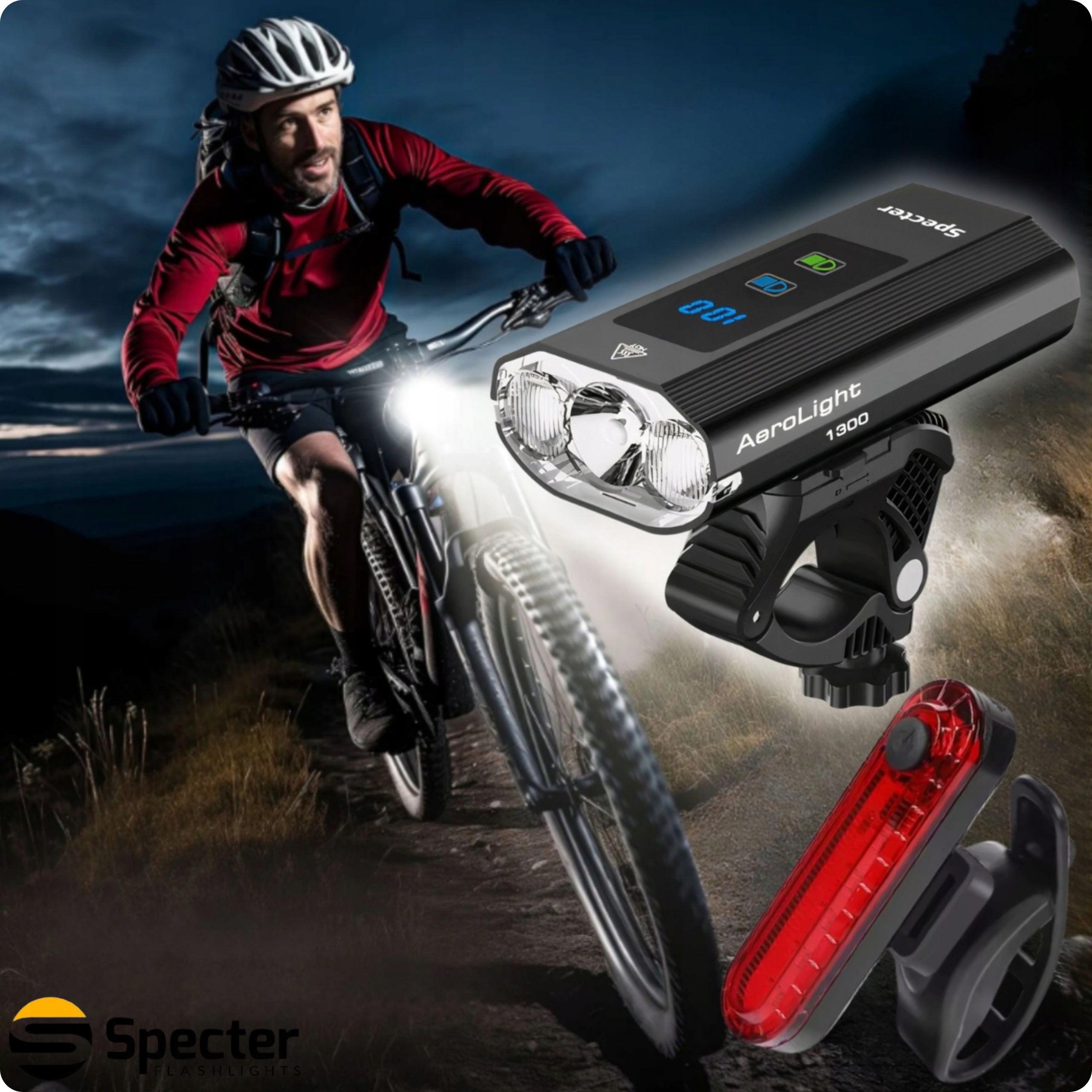 BICYCLE LIGHT FRONT REAR LED USB C 1300lm Bicycle Lamp Set Brand Specter
