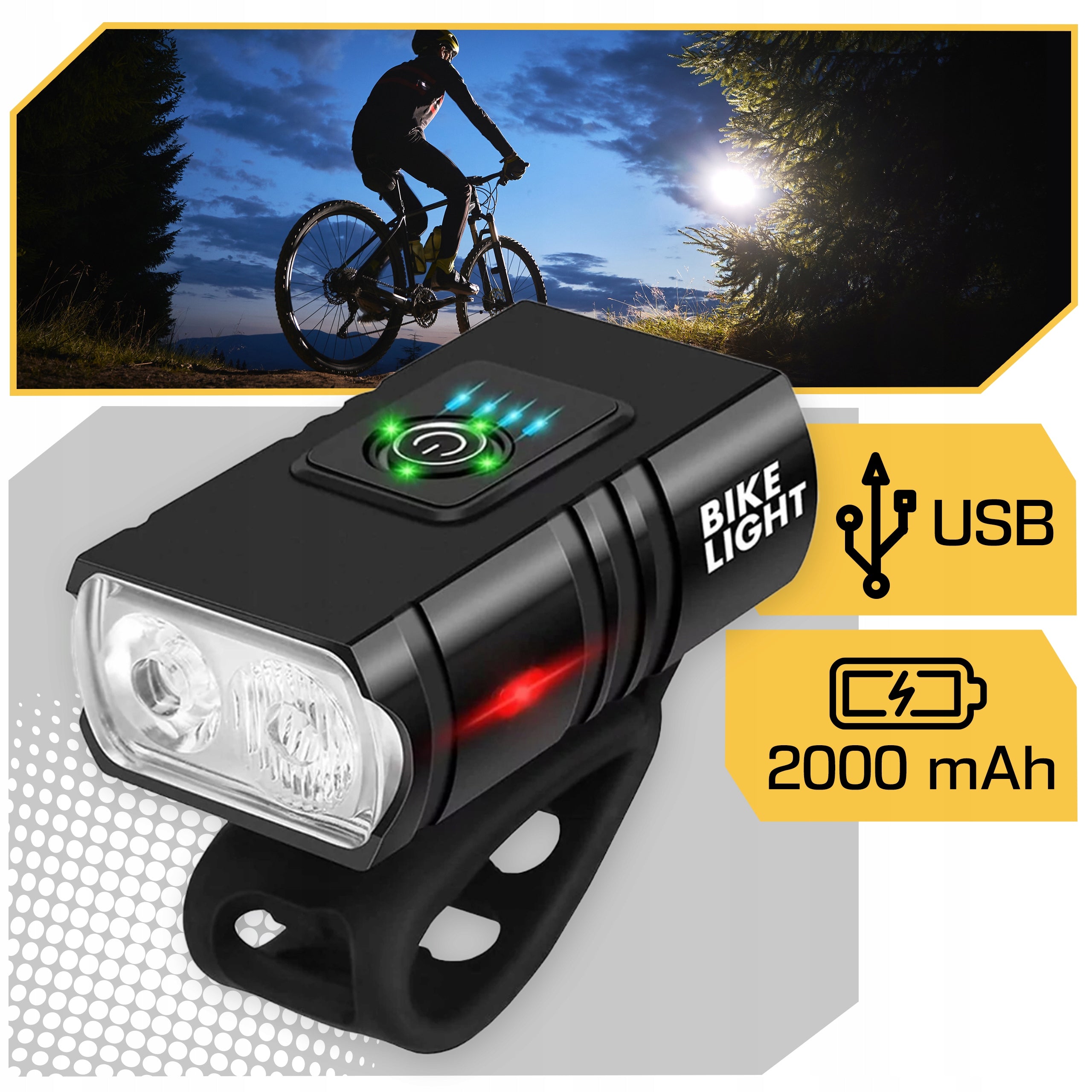 BICYCLE LIGHT Front Rear USB Steering Wheel BATTERY KIT Color black