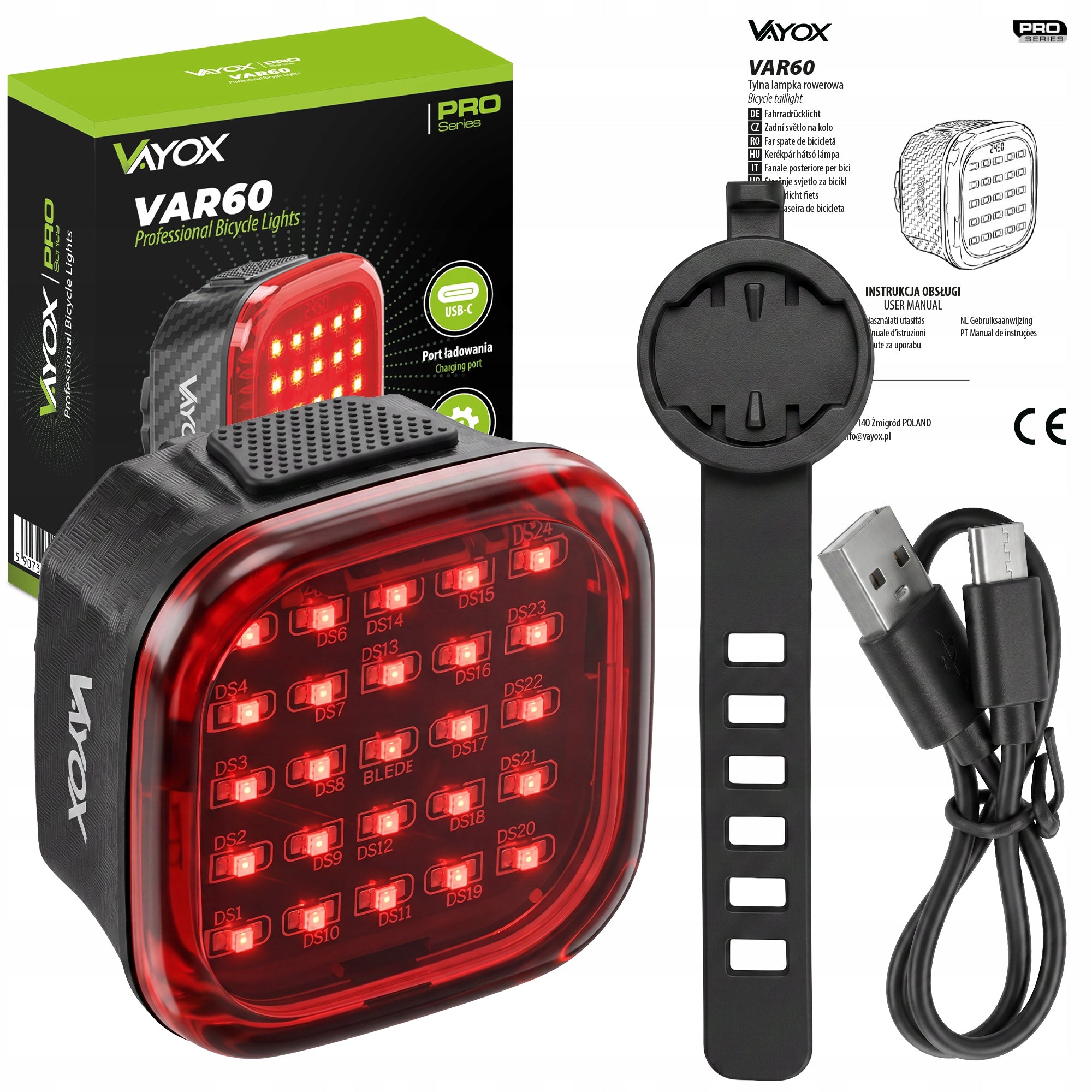 BICYCLE LIGHT REAR LED USB LIGHT REAR BATTERY SMART IPX6 VAYOX Light source LED