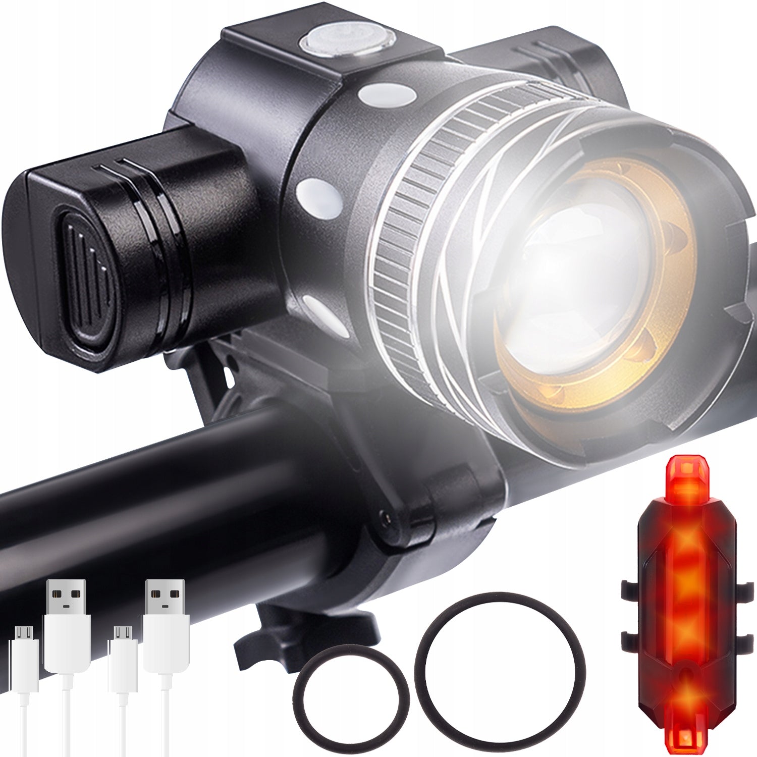 BICYCLE LIGHT SET LED CREE T6 FRONT REAR 3 ZOOM MODES AKU USB Manufacturer code 18669